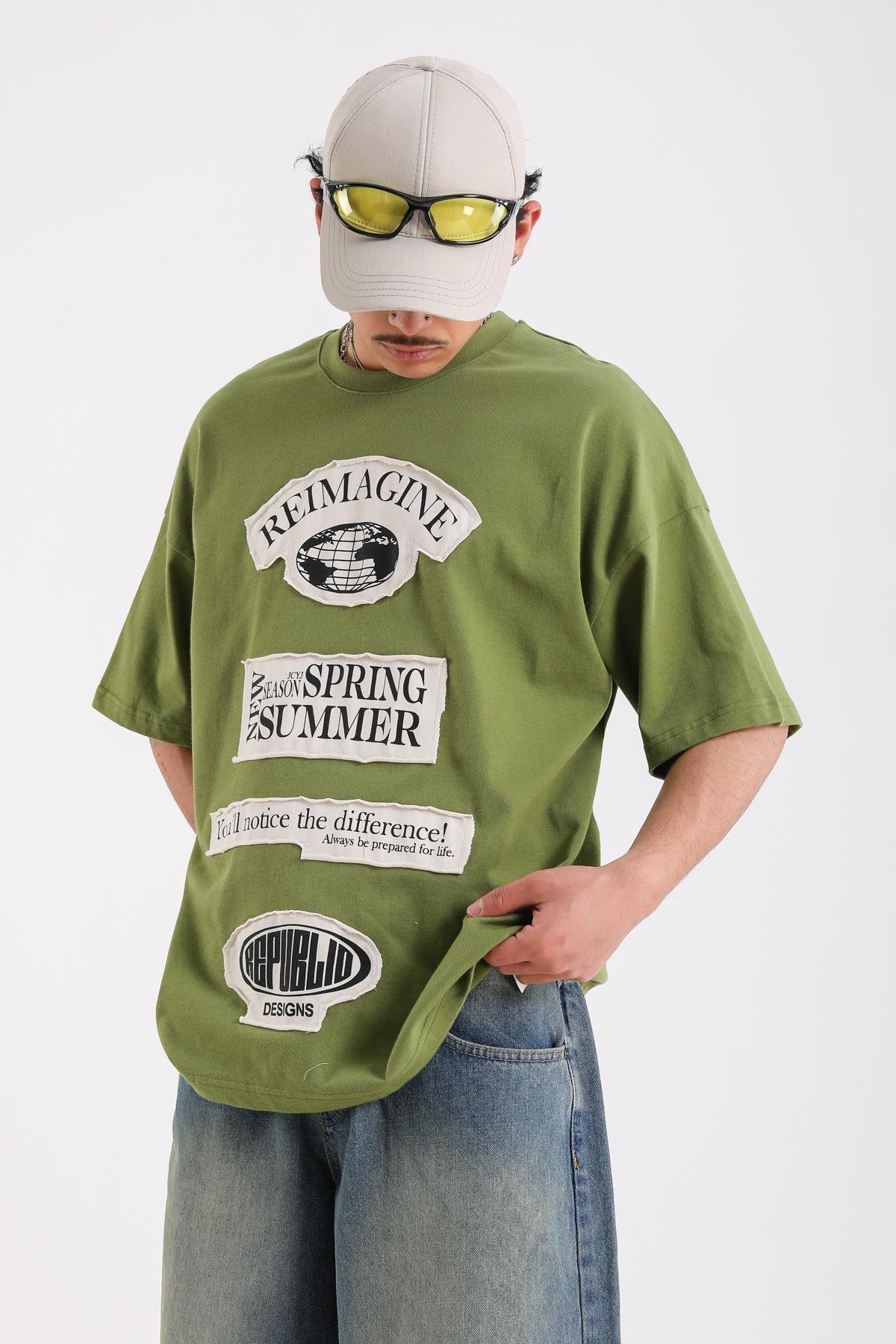 Reimagine Patch Detay Yeşil Oversize Tshirt