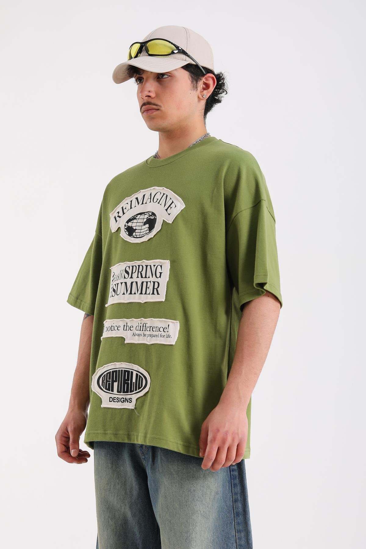 Reimagine Patch Detay Yeşil Oversize Tshirt