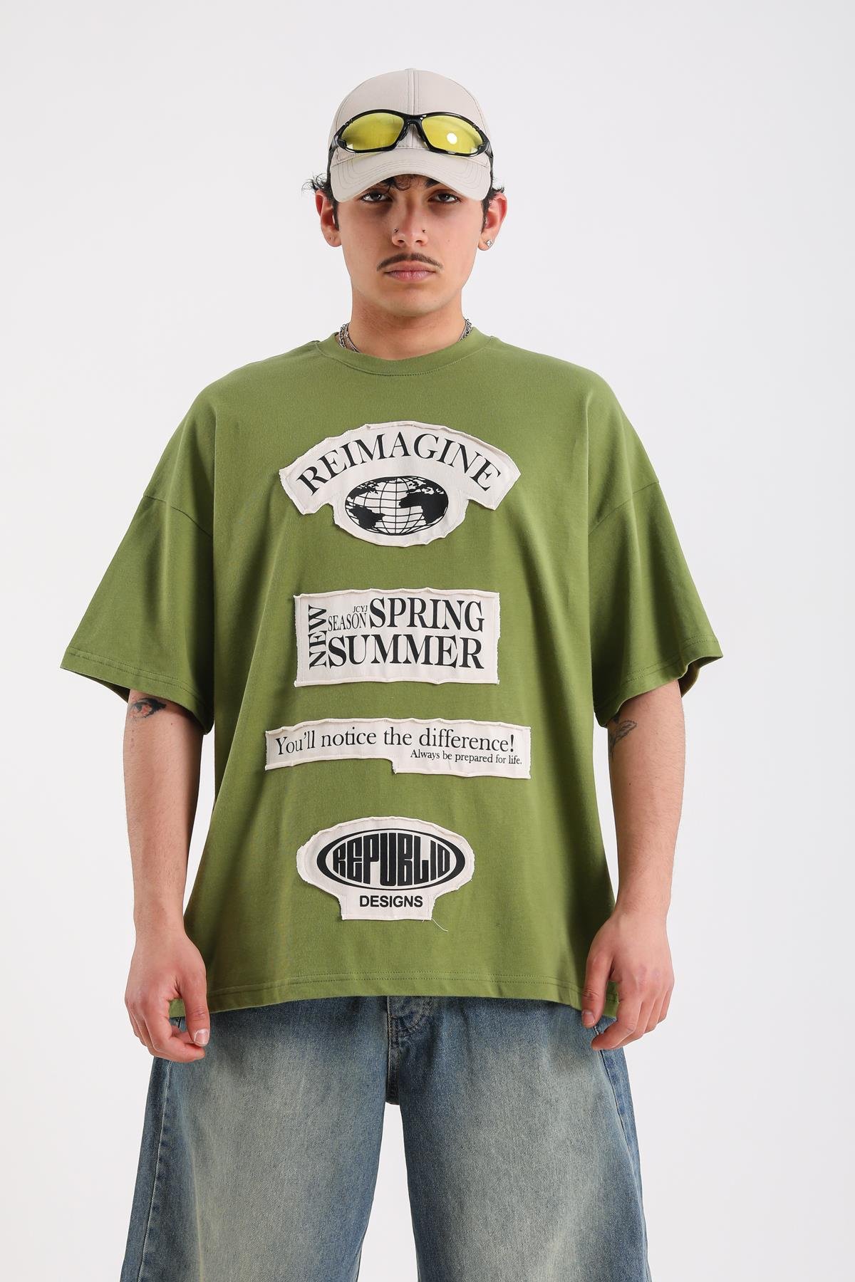 Reimagine Patch Detay Yeşil Oversize Tshirt
