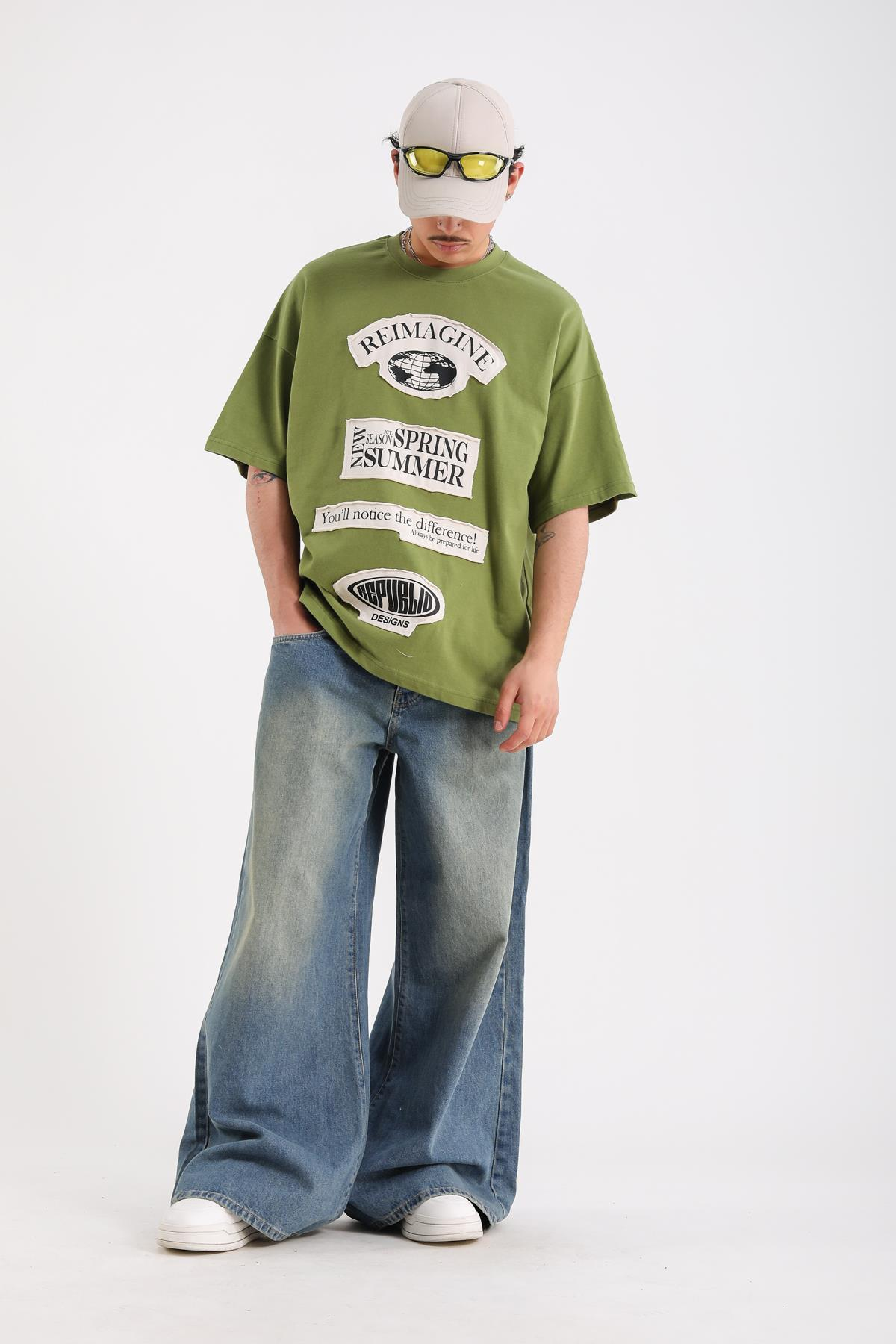 Reimagine Patch Detay Yeşil Oversize Tshirt