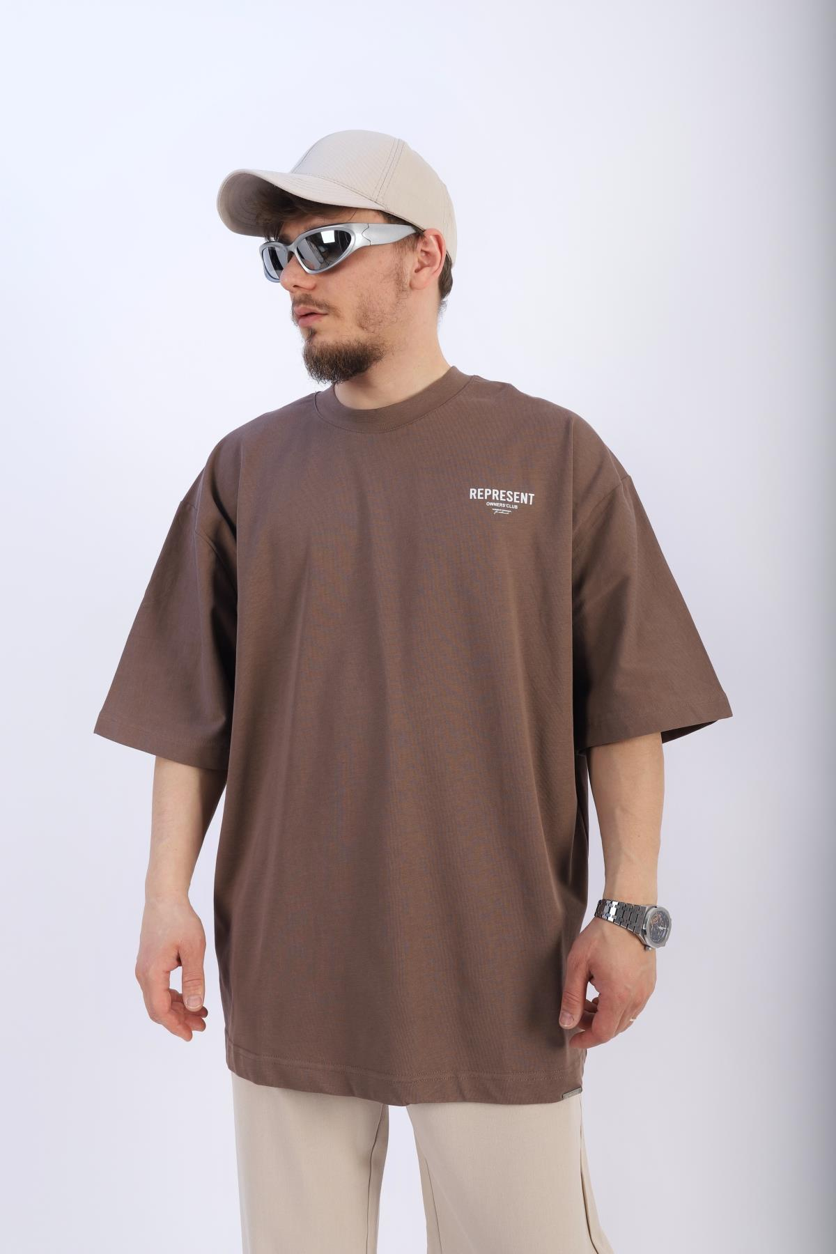 Represent Baskılı Kahve Oversize Tshirt T888