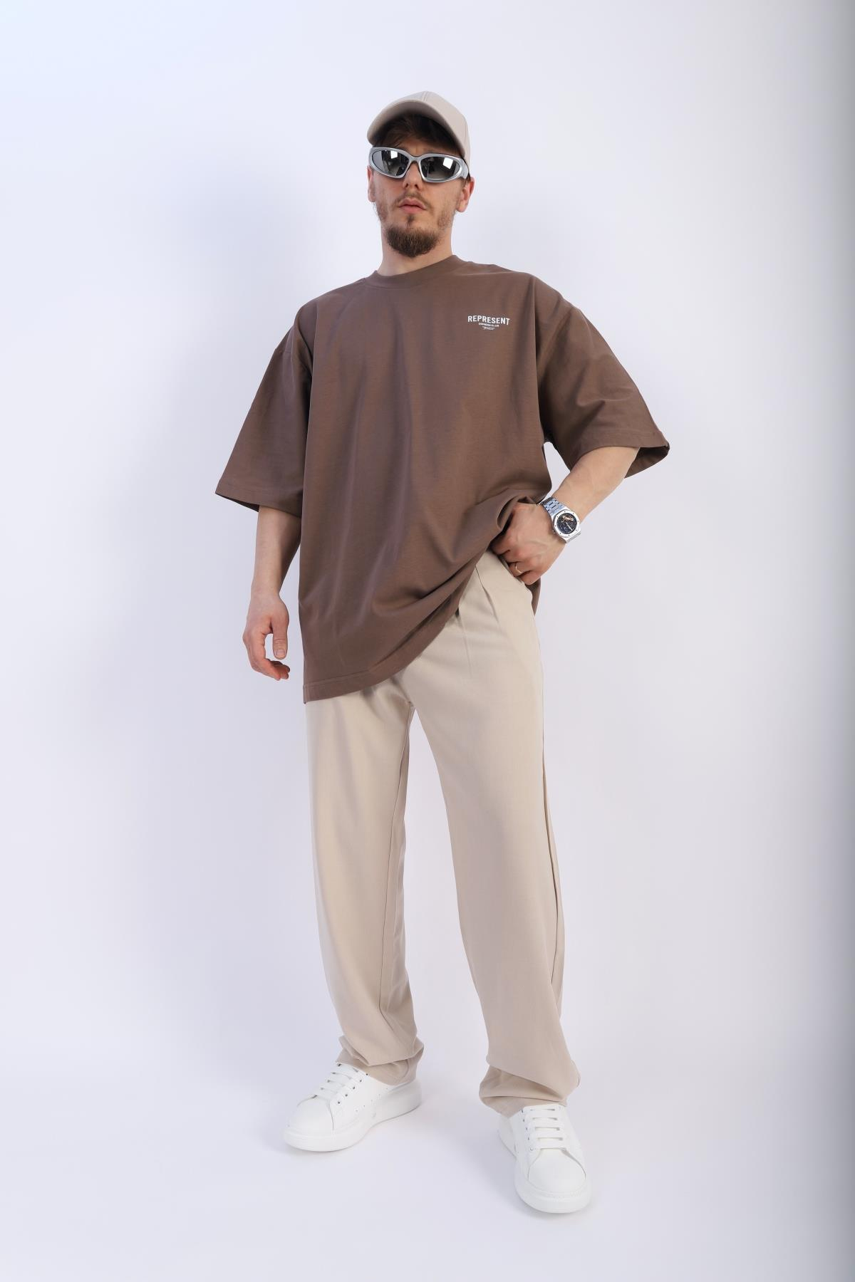 Represent Baskılı Kahve Oversize Tshirt T888