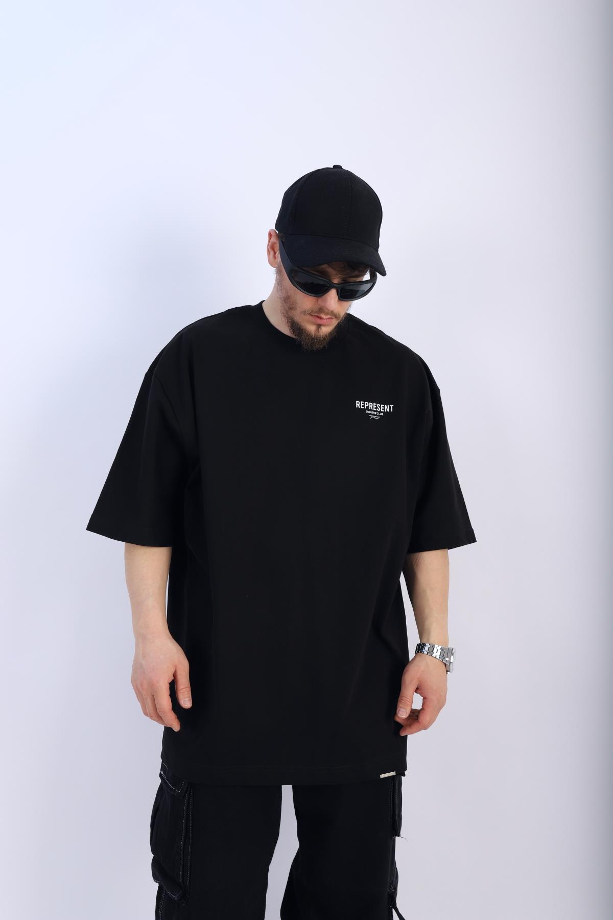 Represent Baskılı Siyah Oversize Tshirt T889