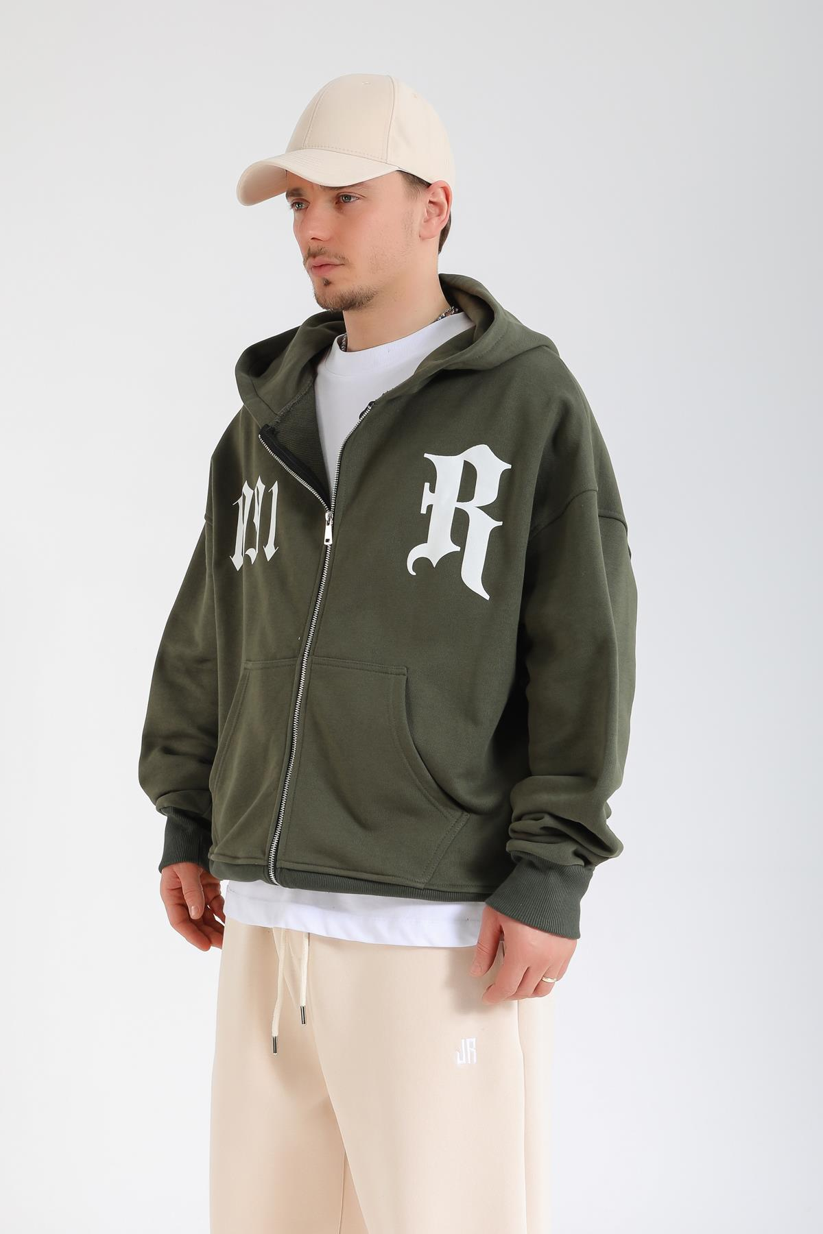 Revival 1991 Baskılı Haki Oversize Zipper Hoodie SW1376