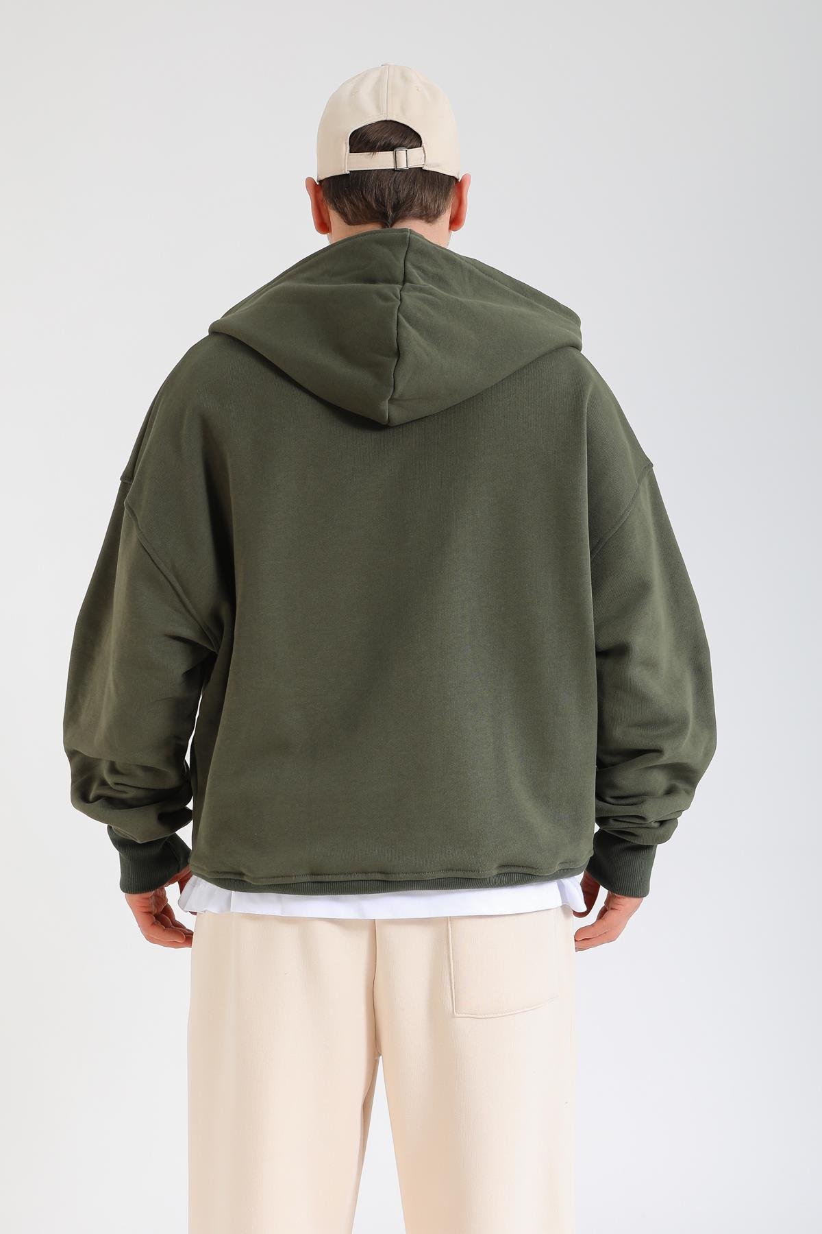 Revival 1991 Baskılı Haki Oversize Zipper Hoodie SW1376