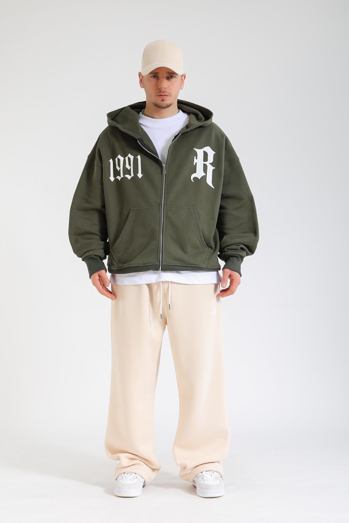 Revival 1991 Baskılı Haki Oversize Zipper Hoodie SW1376