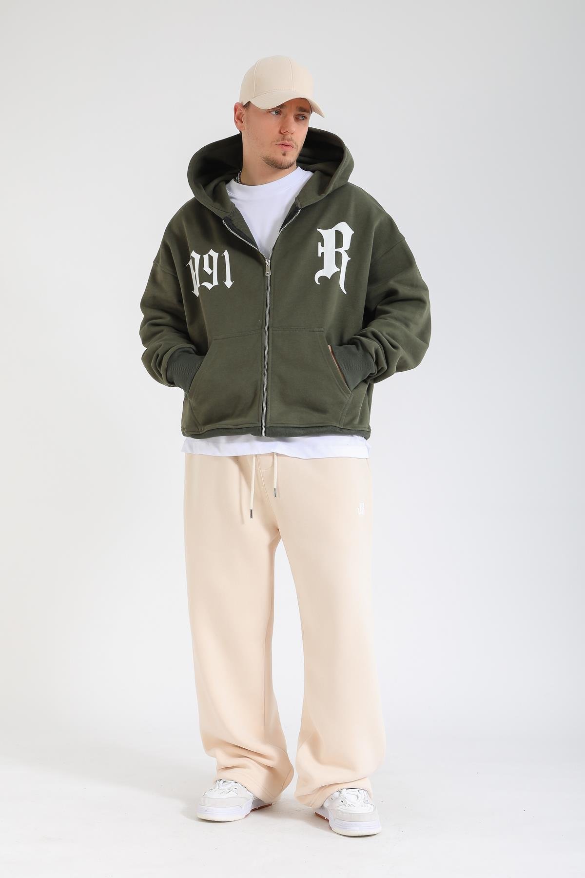Revival 1991 Baskılı Haki Oversize Zipper Hoodie SW1376