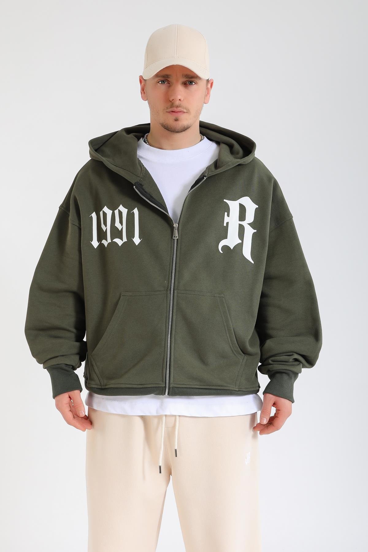 Revival 1991 Baskılı Haki Oversize Zipper Hoodie SW1376