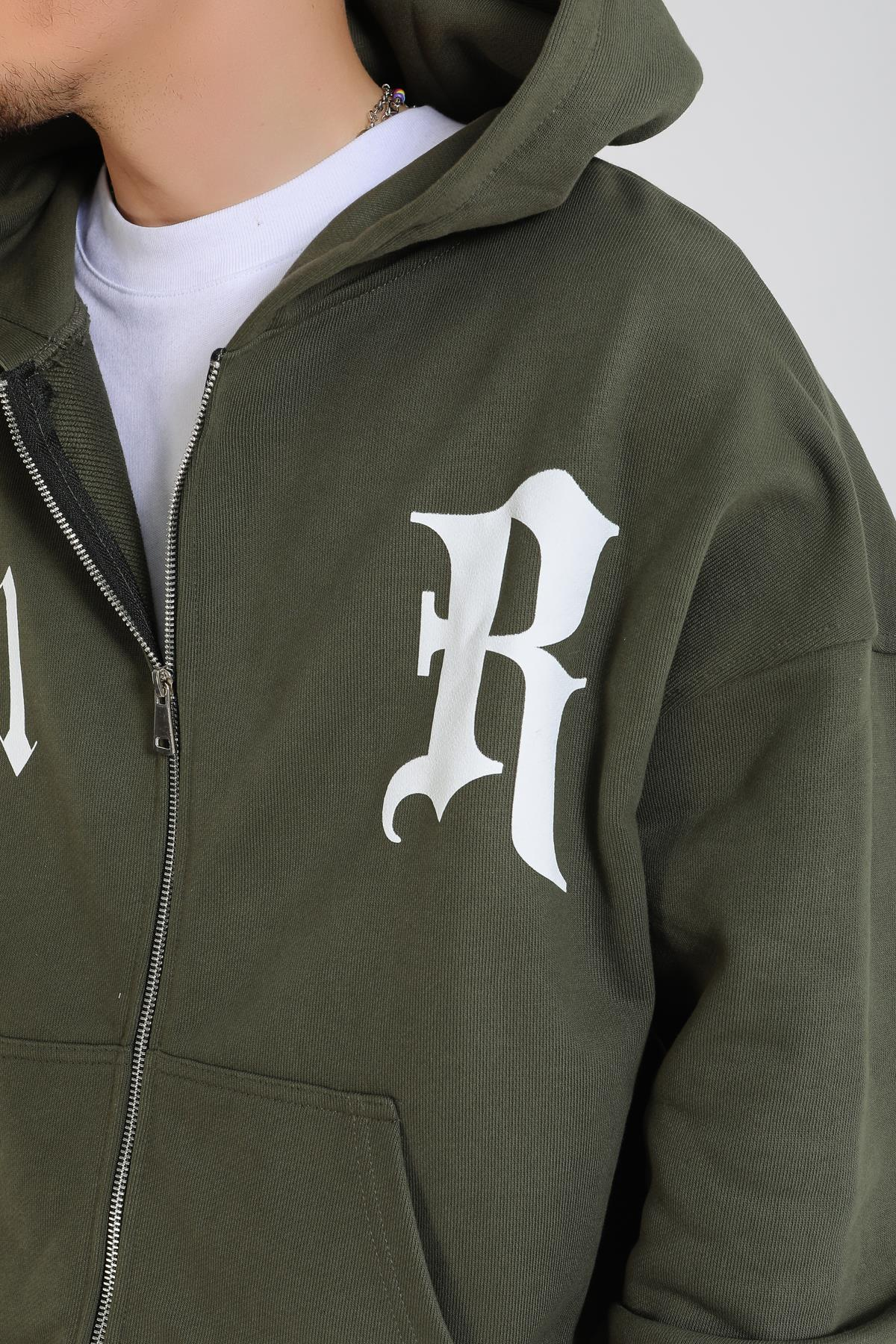 Revival 1991 Baskılı Haki Oversize Zipper Hoodie SW1376