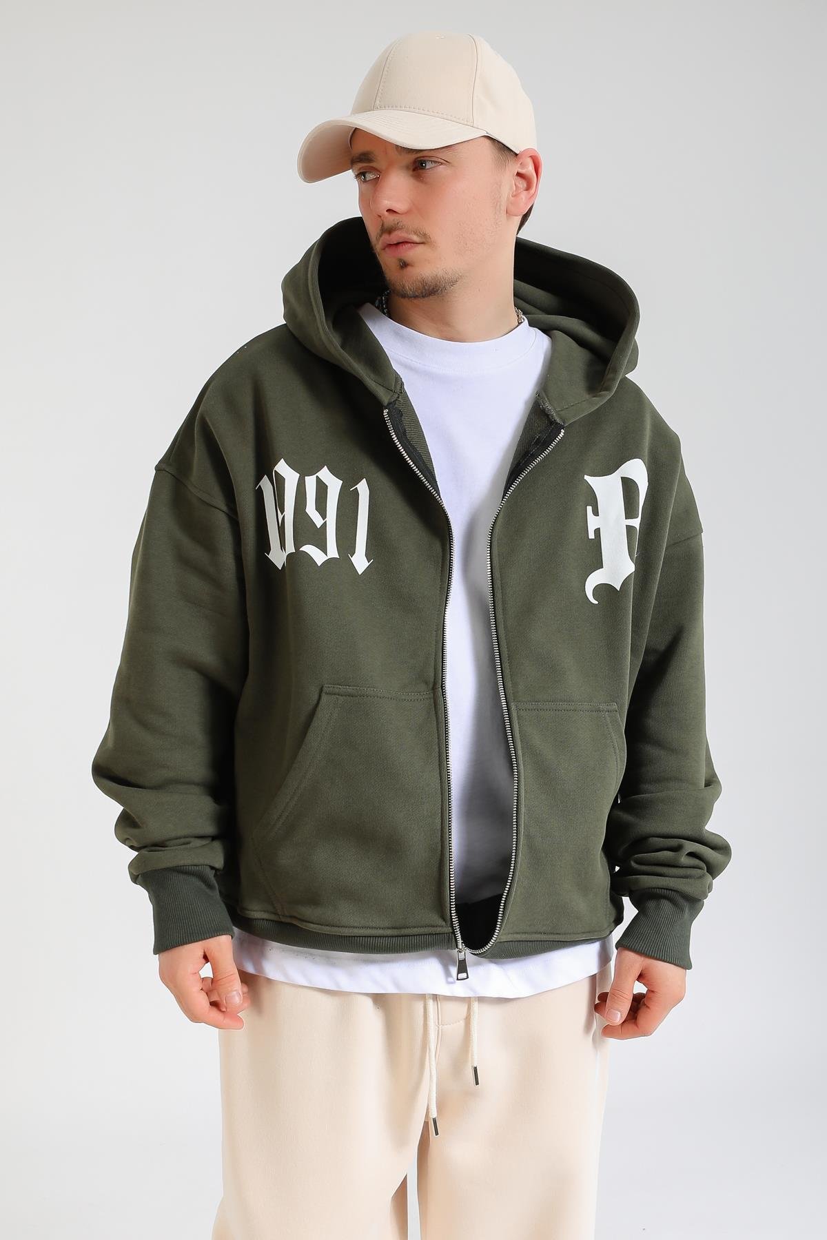 Revival 1991 Baskılı Haki Oversize Zipper Hoodie SW1376
