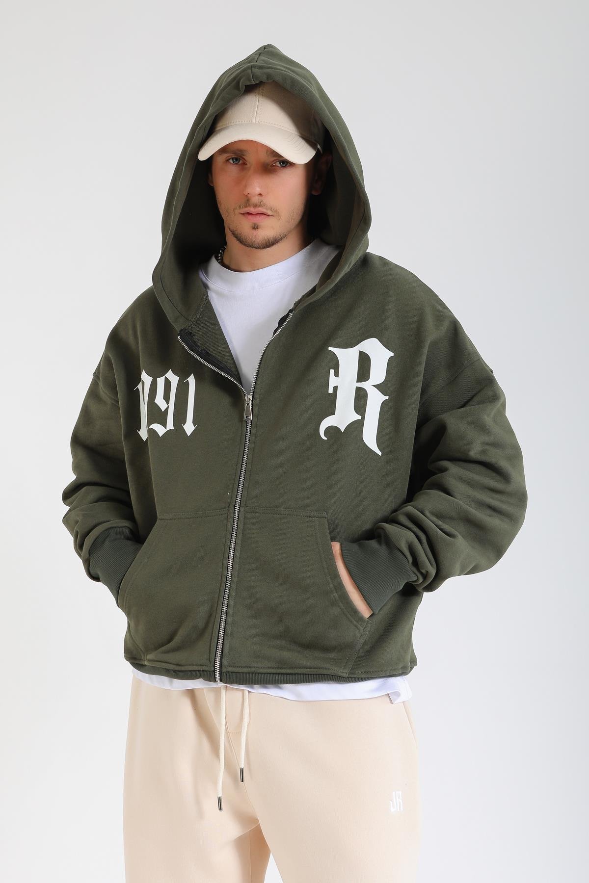 Revival 1991 Baskılı Haki Oversize Zipper Hoodie SW1376