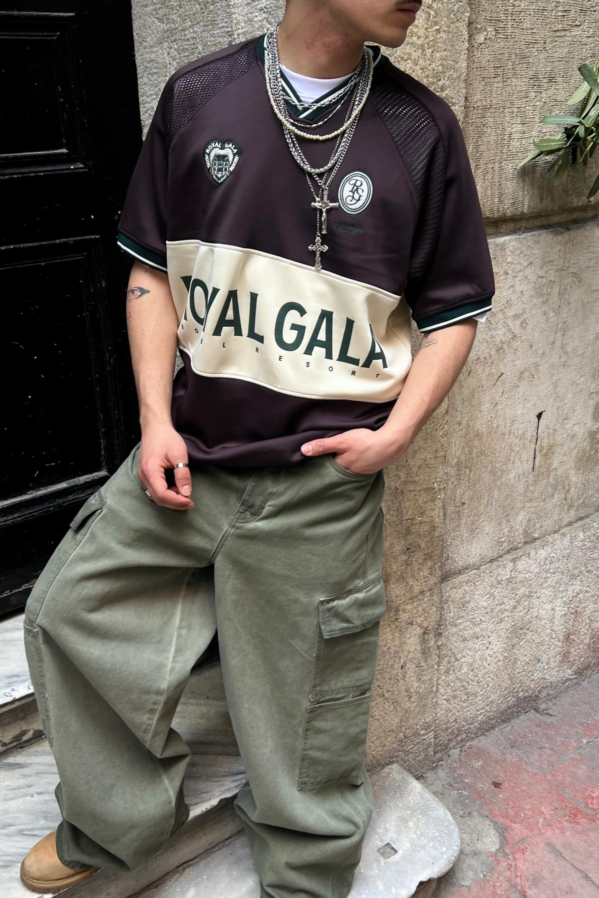 Royal Gala Baskılı V Yaka Oversize Forma Tshirt
