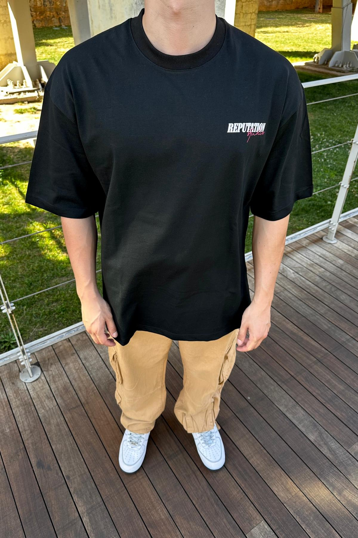 Rpt Baskılı Siyah Oversize Tshirt T1123