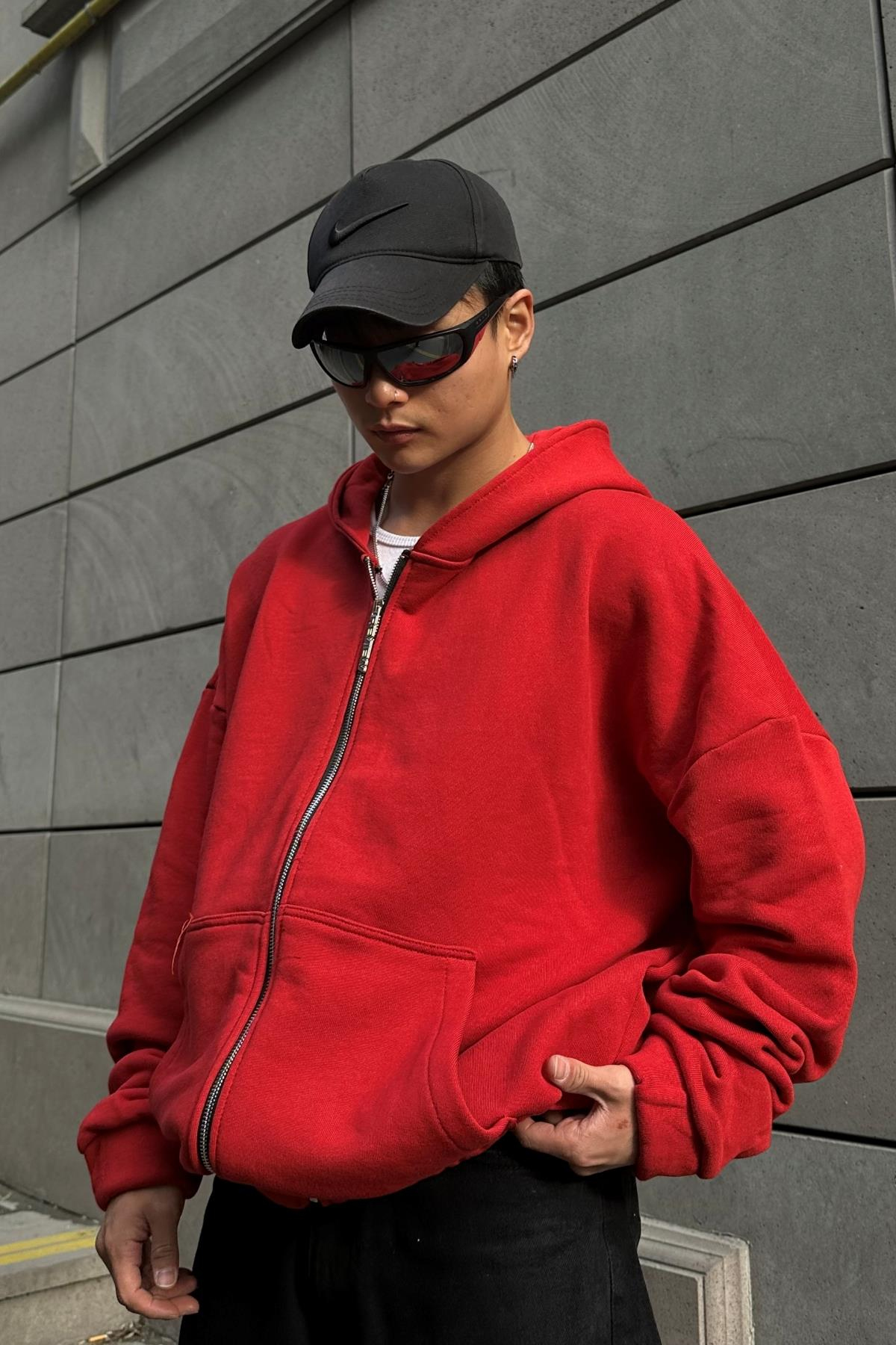 Rv Basic Kırmızı Zipper Oversize Sweatshirt SW1004