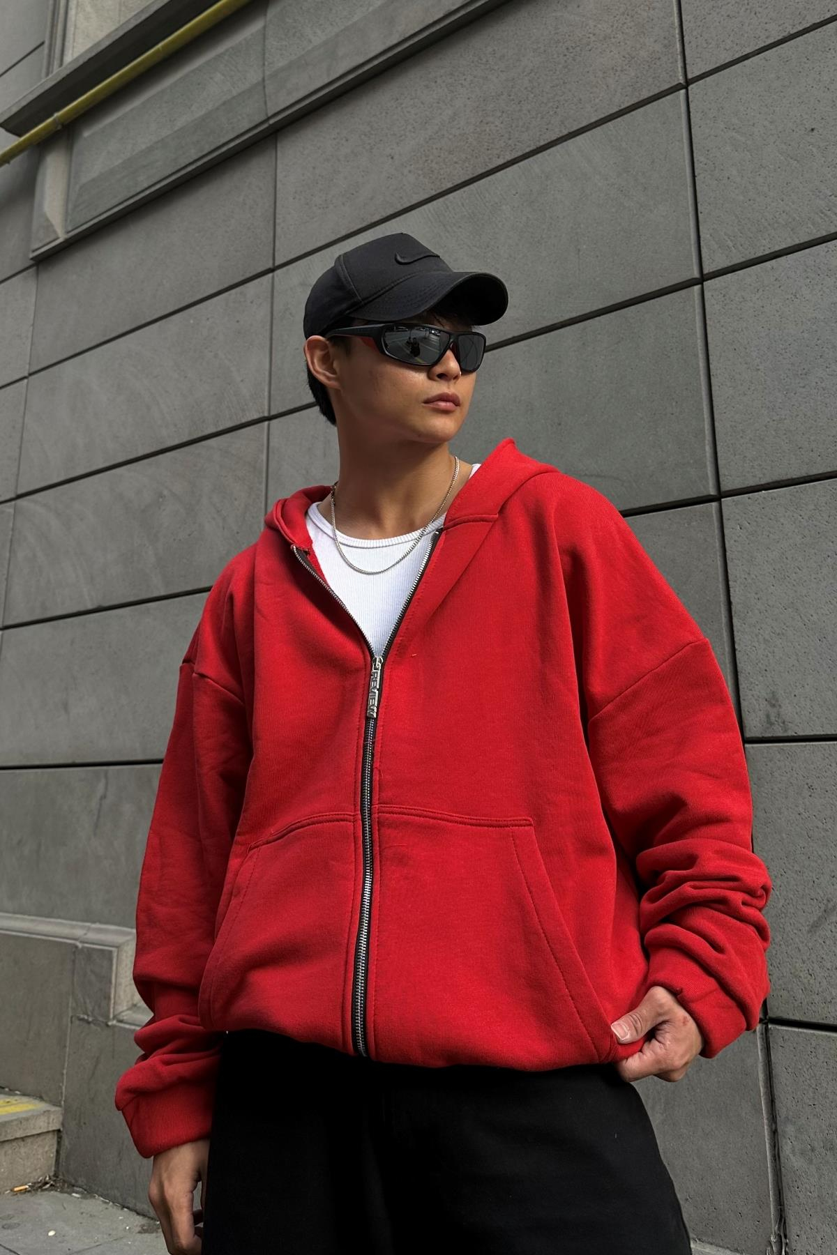 Rv Basic Kırmızı Zipper Oversize Sweatshirt SW1004