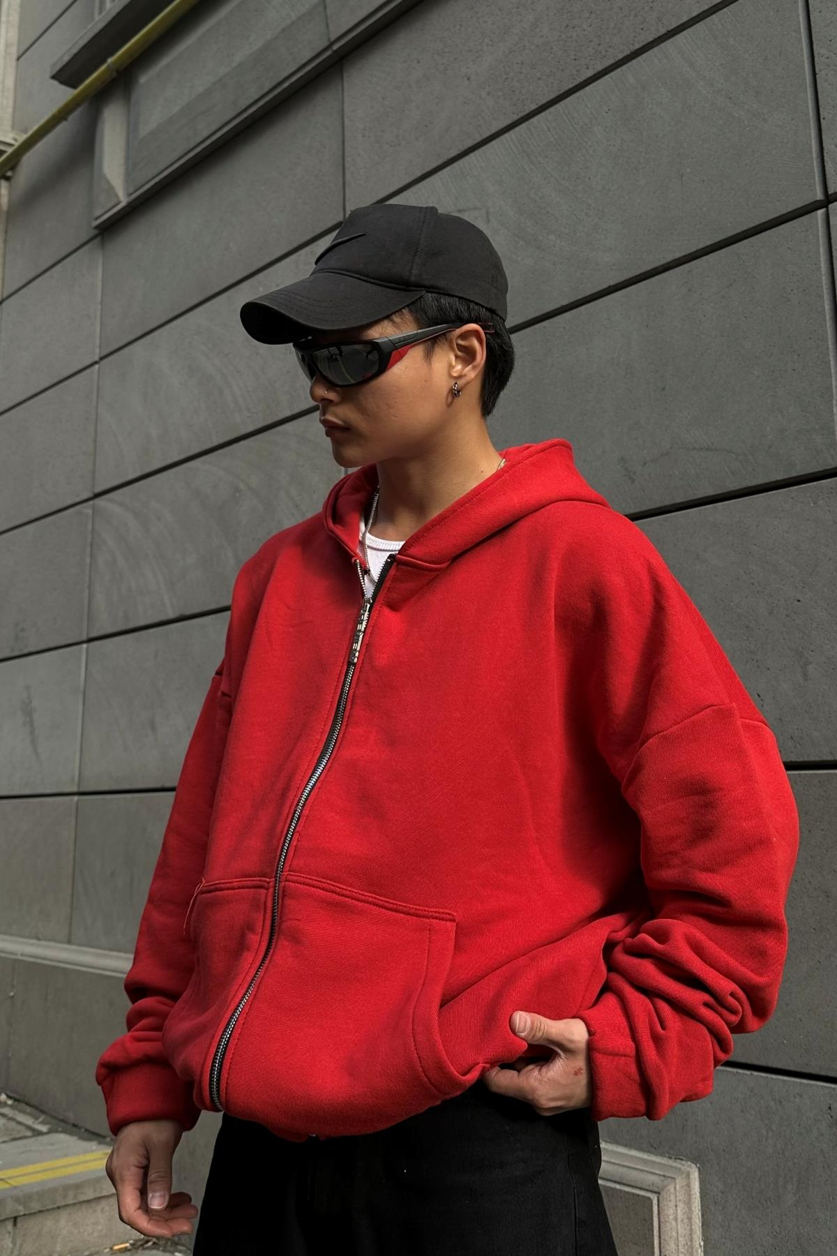 Rv Basic Kırmızı Zipper Oversize Sweatshirt SW1004