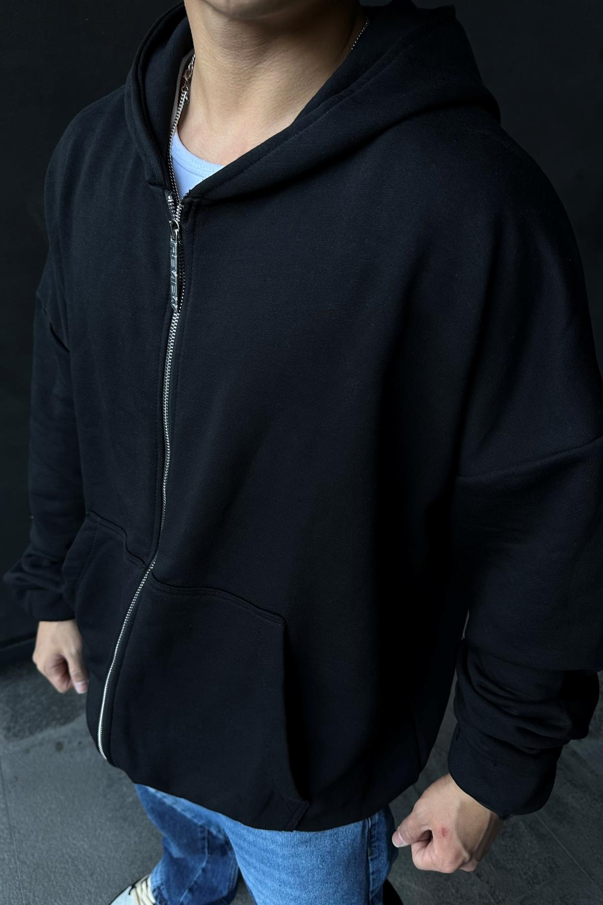 Rv Basic Siyah Zipper Oversize Sweatshirt SW1005