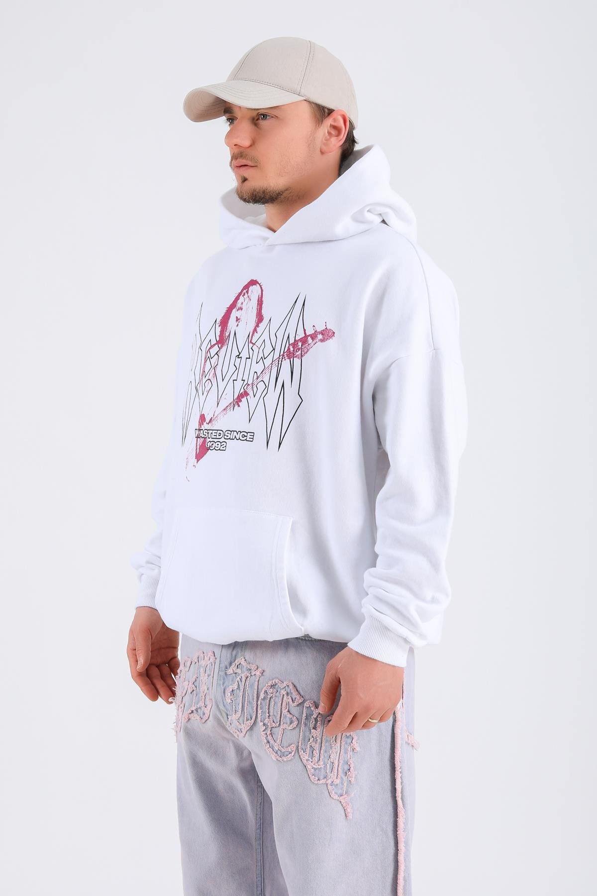 Rv Baskılı Krem Oversize Hoodie SW1323