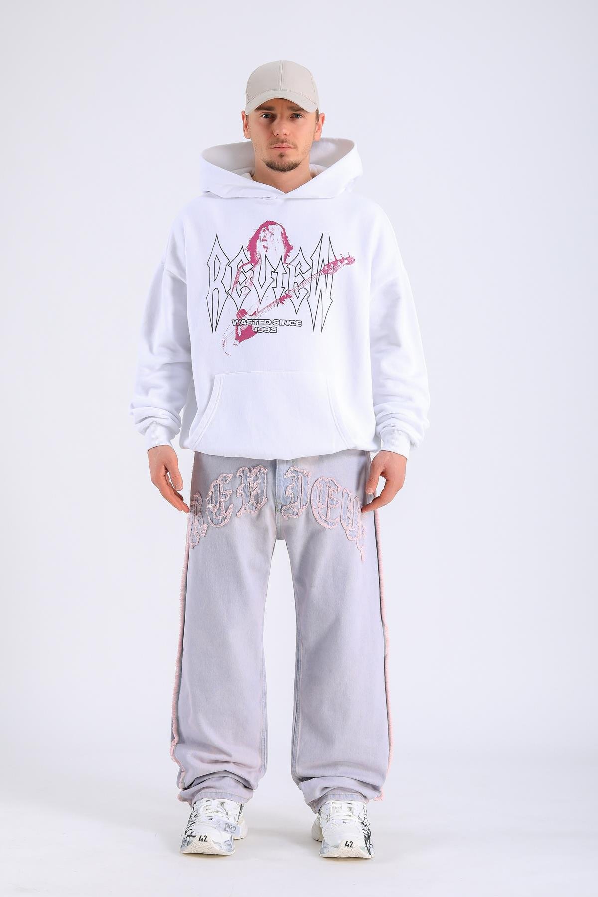 Rv Baskılı Krem Oversize Hoodie SW1323