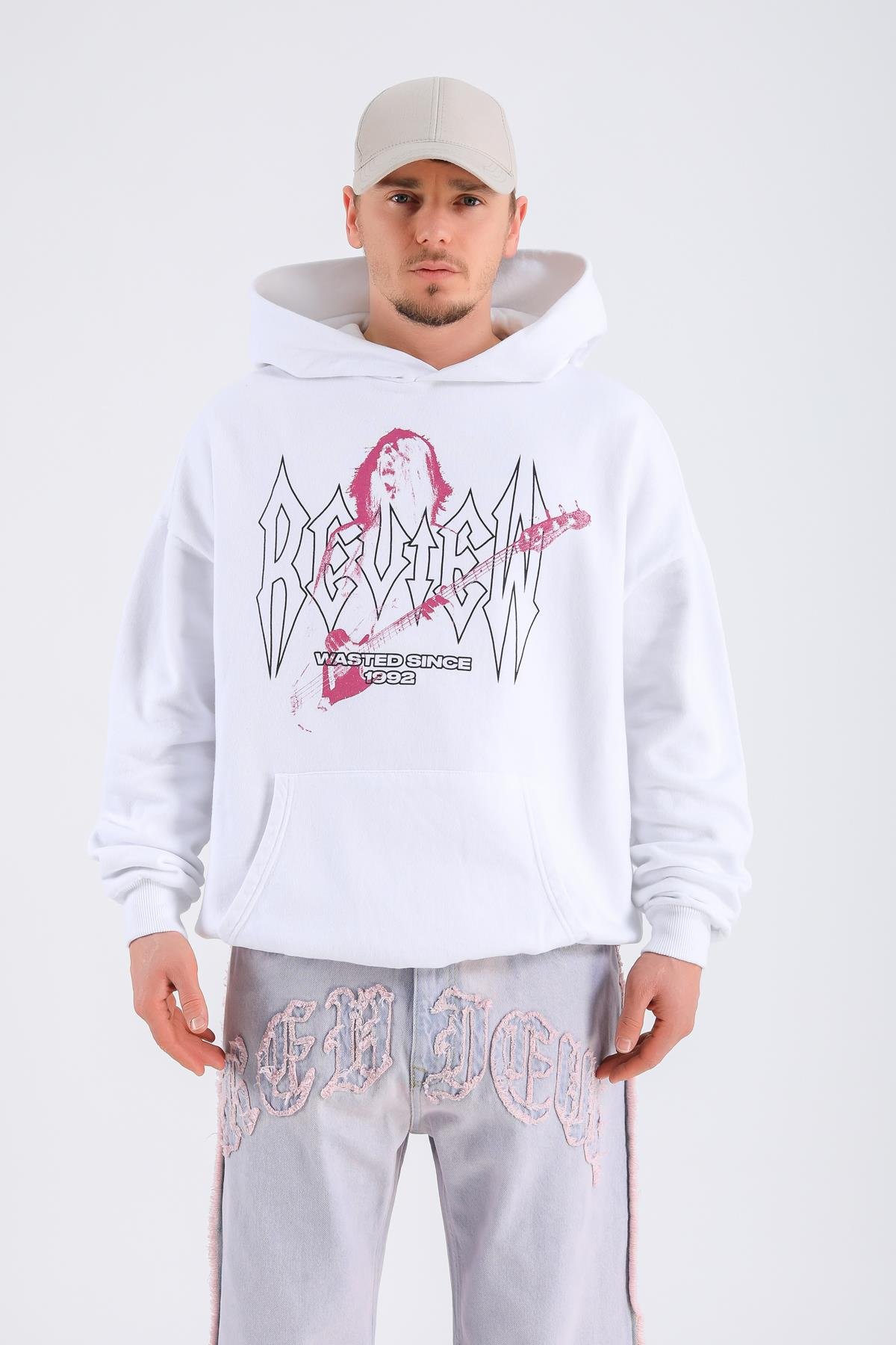 Rv Baskılı Krem Oversize Hoodie SW1323