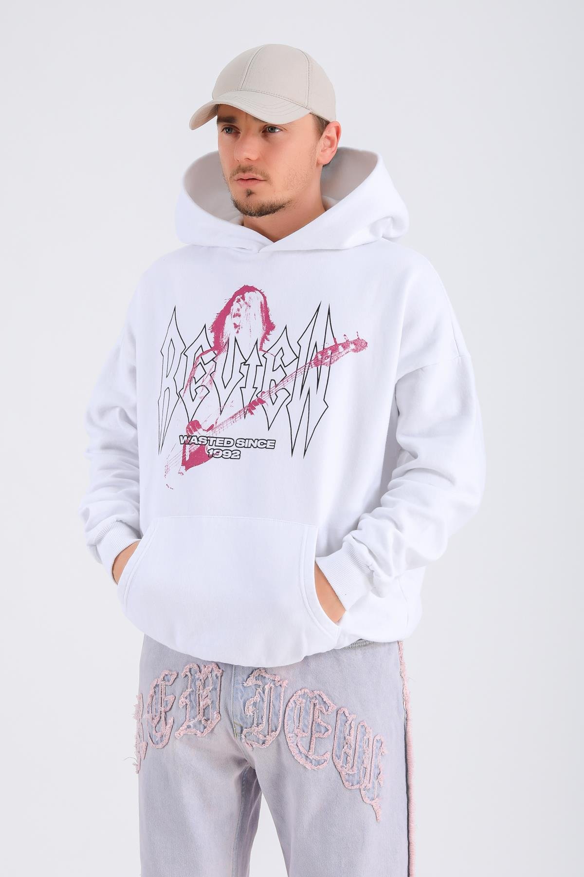 Rv Baskılı Krem Oversize Hoodie SW1323