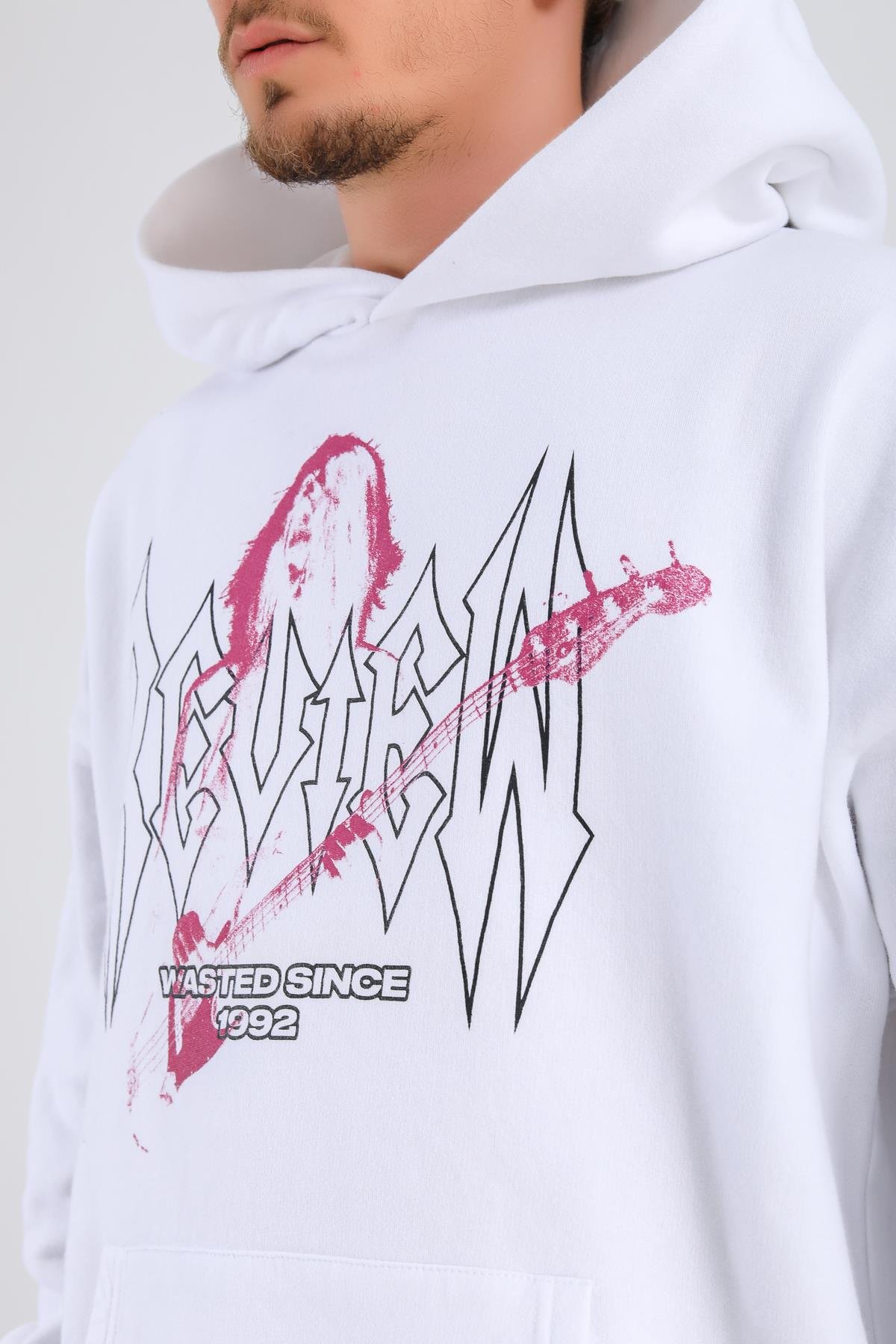 Rv Baskılı Krem Oversize Hoodie SW1323