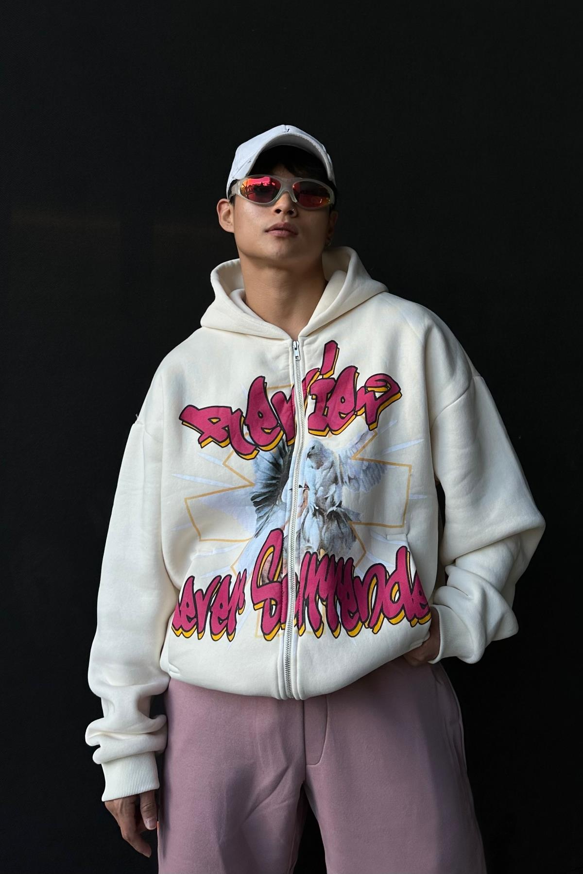 Rv Baskılı Krem Oversize Zipper Sweatshirt SW1006