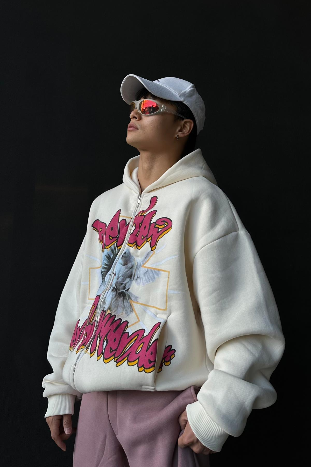 Rv Baskılı Krem Oversize Zipper Sweatshirt SW1006