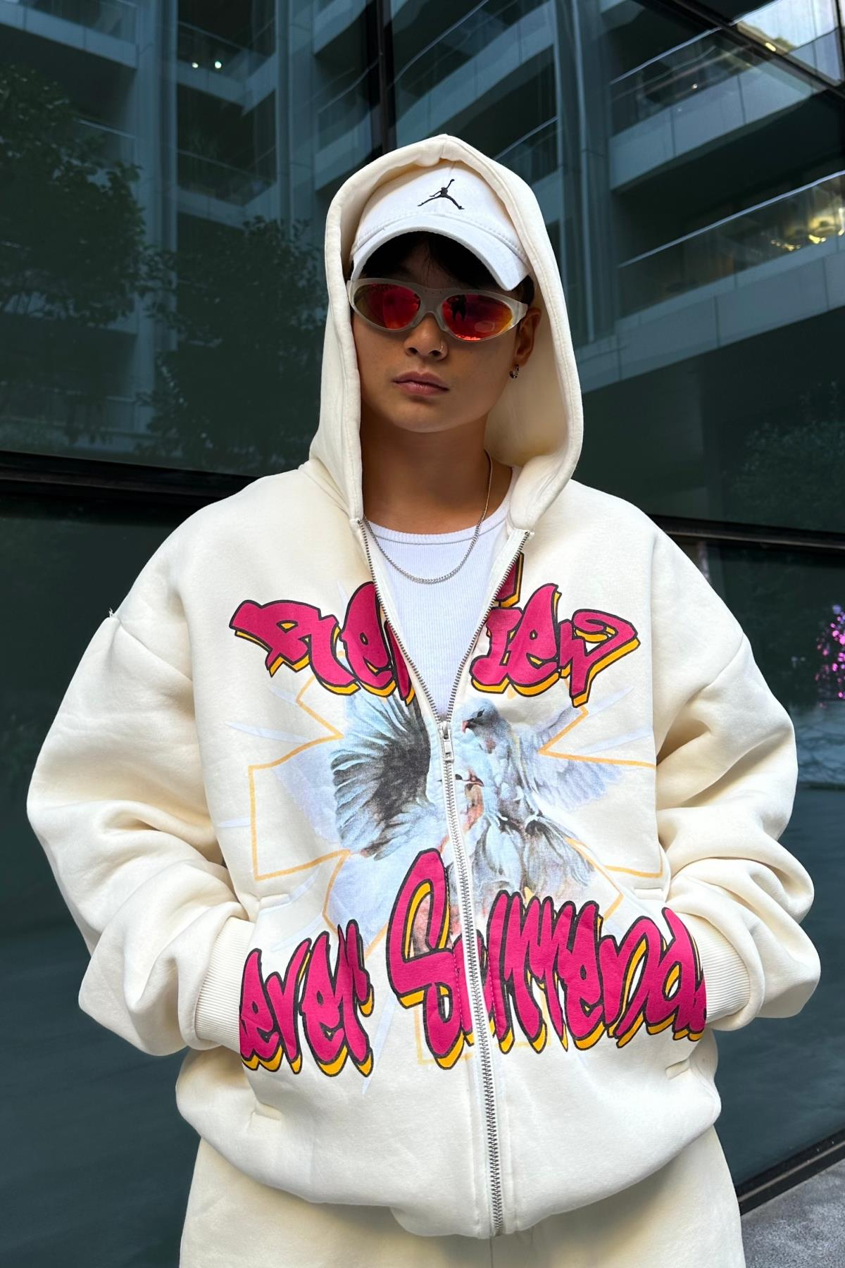 Rv Baskılı Krem Oversize Zipper Sweatshirt SW1006