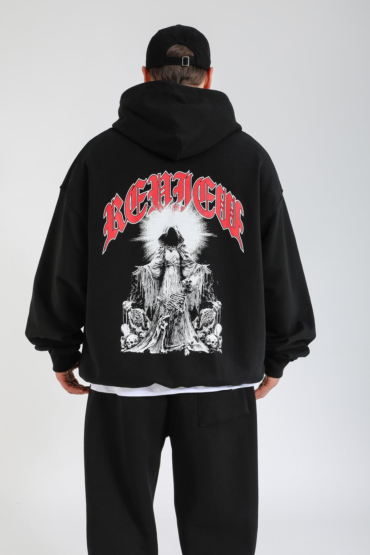 Rv Baskılı Siyah Oversize Hoodie SW1382