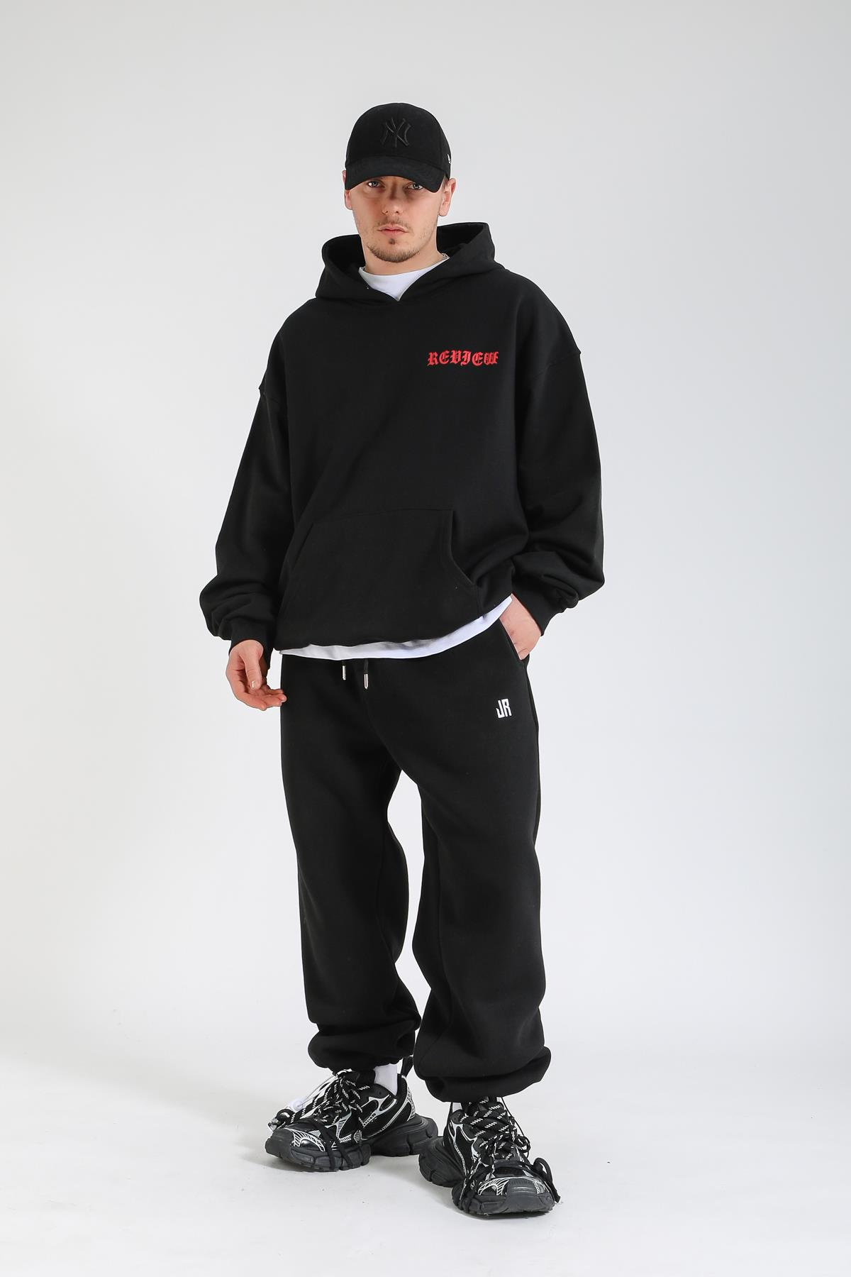 Rv Baskılı Siyah Oversize Hoodie SW1382