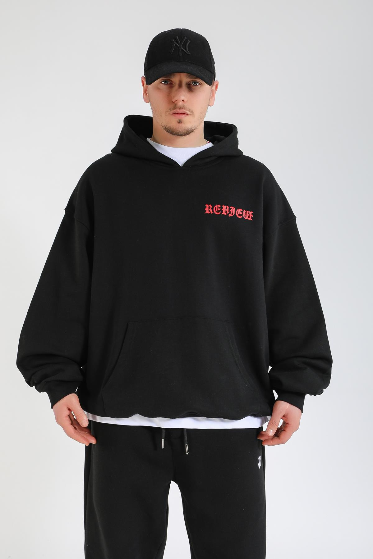 Rv Baskılı Siyah Oversize Hoodie SW1382
