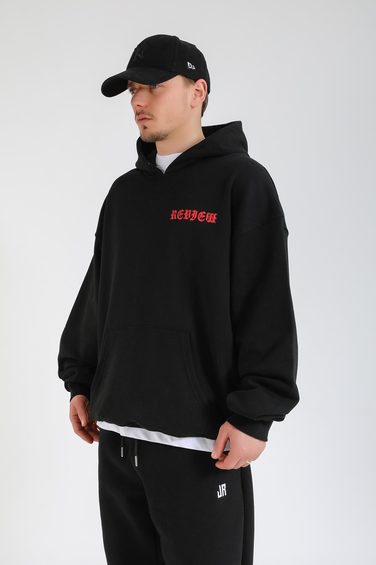 Rv Baskılı Siyah Oversize Hoodie SW1382