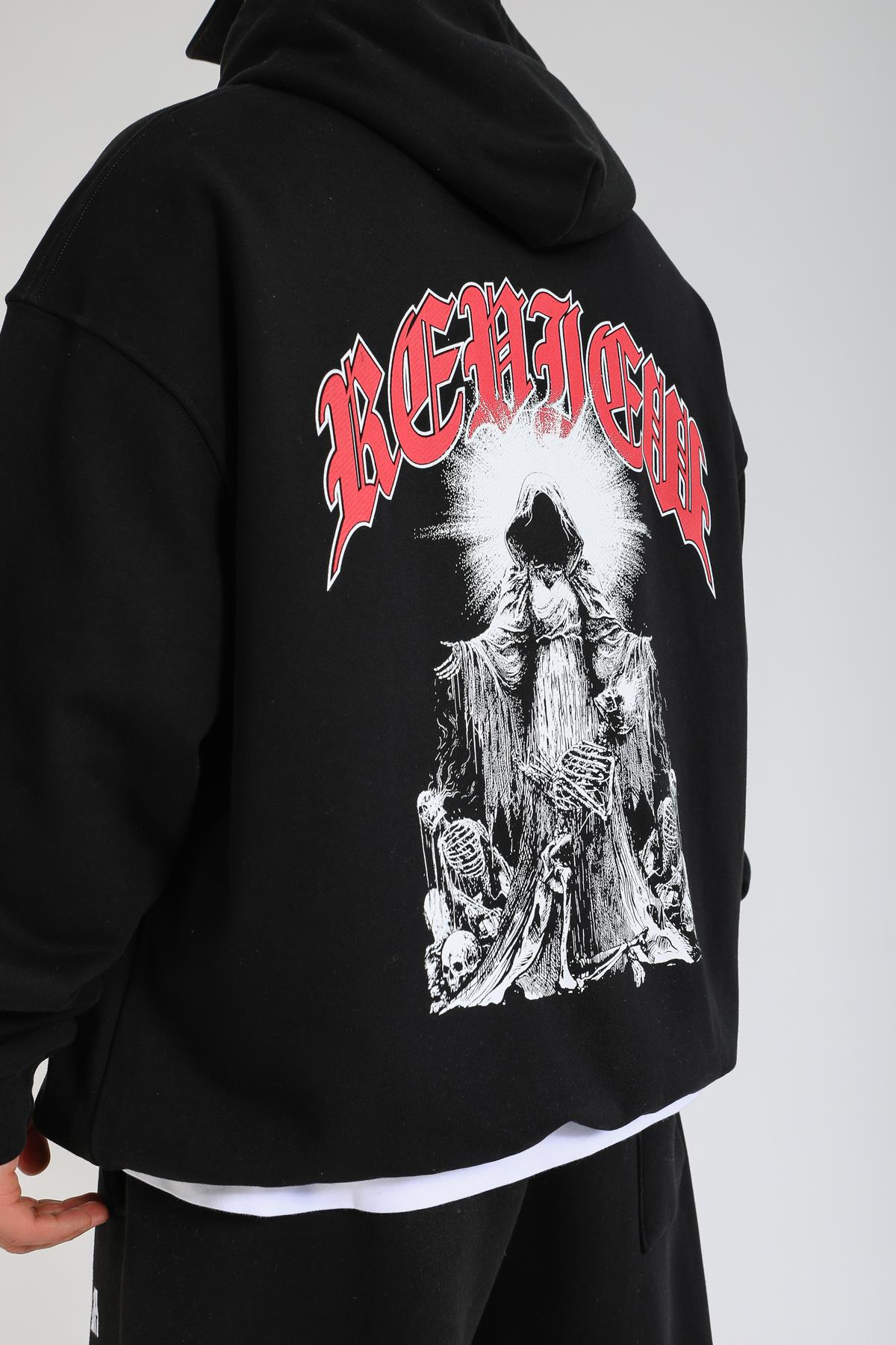Rv Baskılı Siyah Oversize Hoodie SW1382