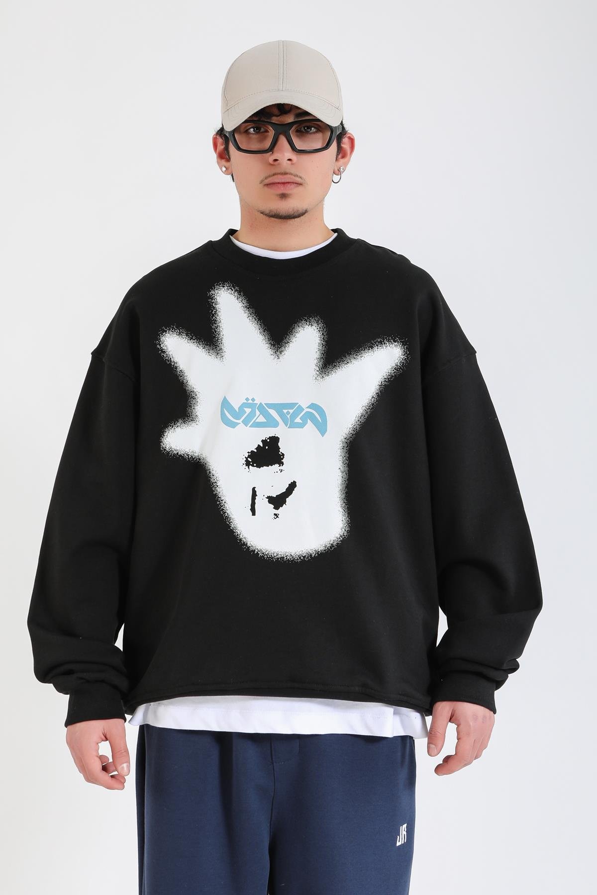 Rv Baskılı Siyah Oversize Sweatshirt SW1405