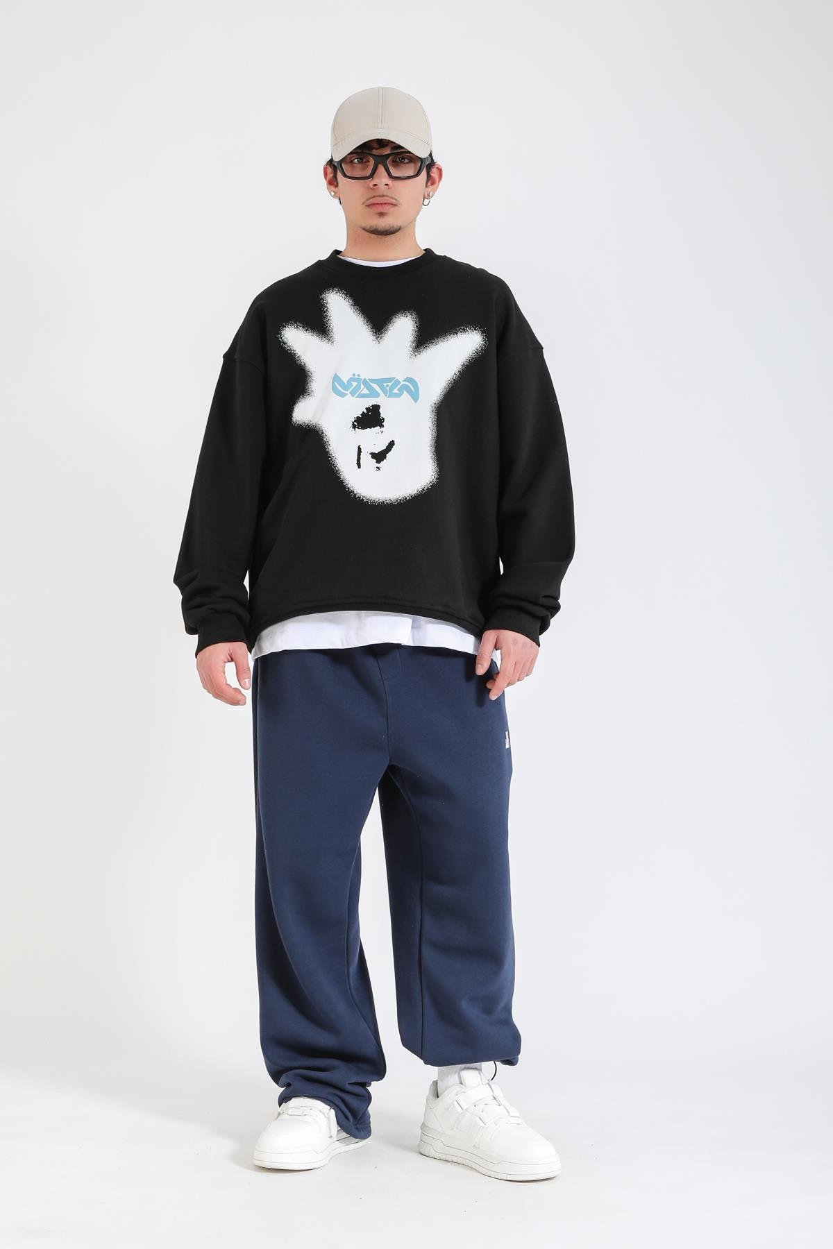 Rv Baskılı Siyah Oversize Sweatshirt SW1405