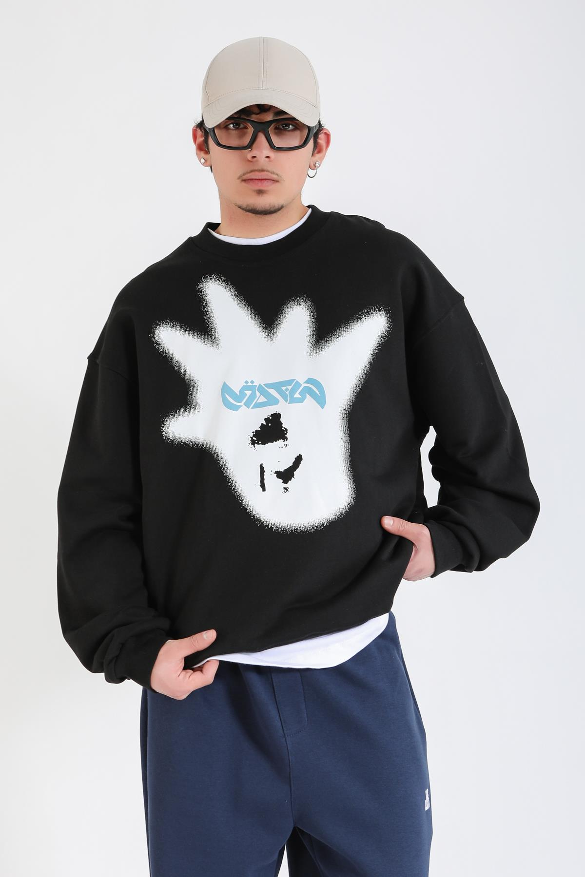 Rv Baskılı Siyah Oversize Sweatshirt SW1405