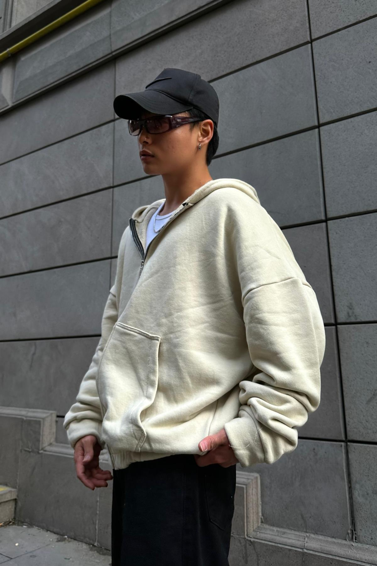 Rv Bej Oversize Zipper Sweatshirt SW1008