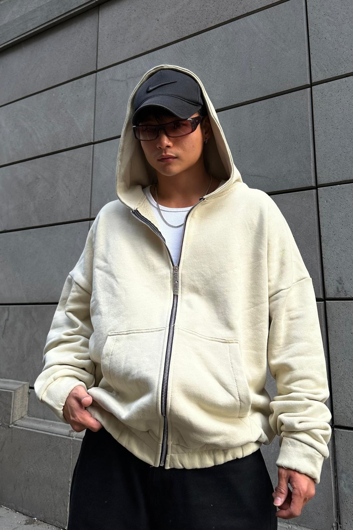 Rv Bej Oversize Zipper Sweatshirt SW1008