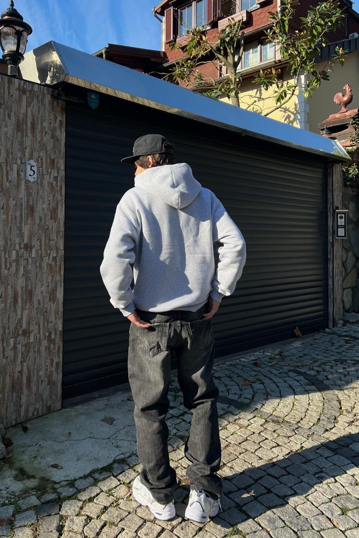 Rv Kabartma Baskılı Gri Oversize Zipper Hoodie SW1337