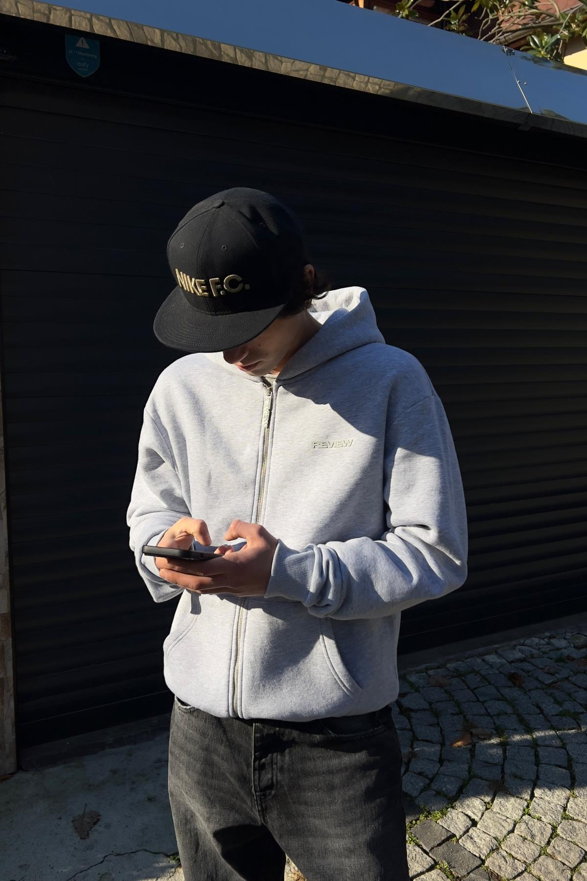 Rv Kabartma Baskılı Gri Oversize Zipper Hoodie SW1337