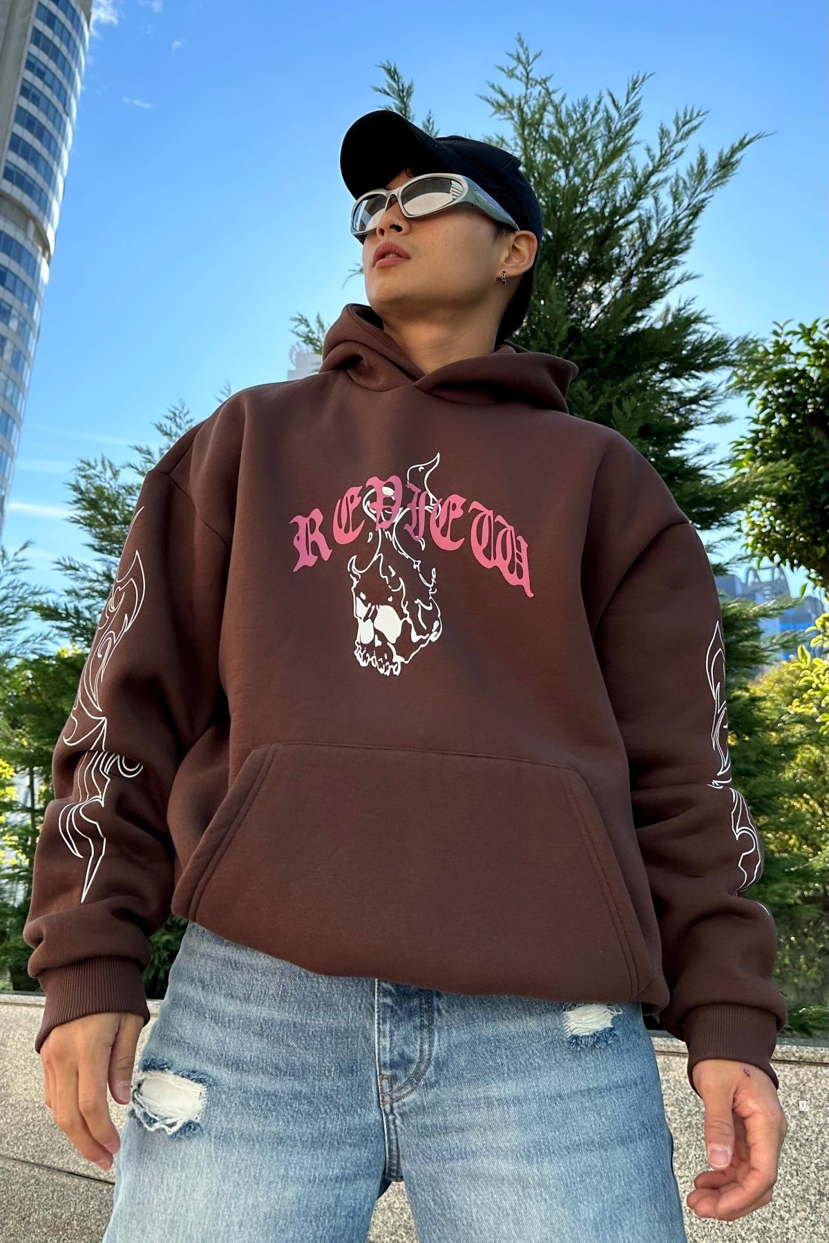 Rv Skull Baskılı Kahve Oversize Sweatshirt SW1027