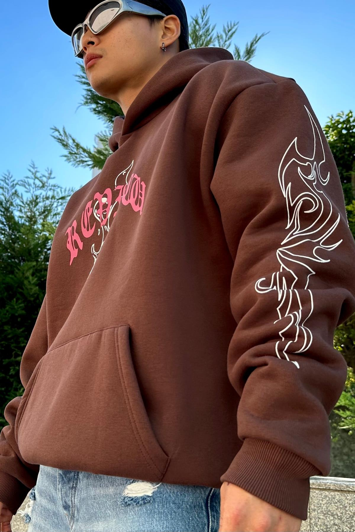 Rv Skull Baskılı Kahve Oversize Sweatshirt SW1027