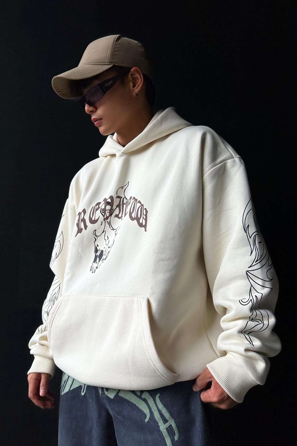 Rv Skull Baskılı Krem Oversize Sweatshirt SW1028