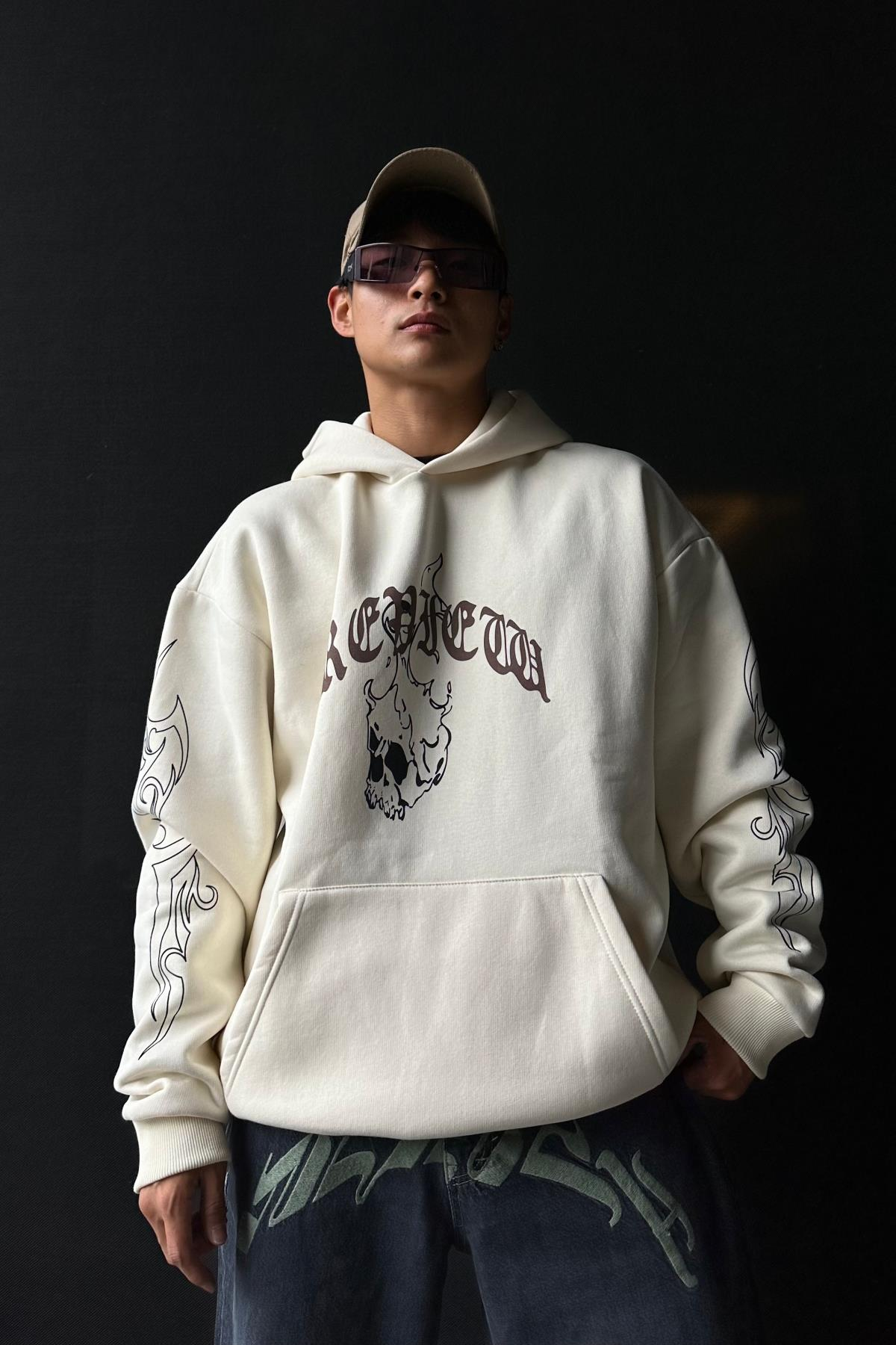 Rv Skull Baskılı Krem Oversize Sweatshirt SW1028