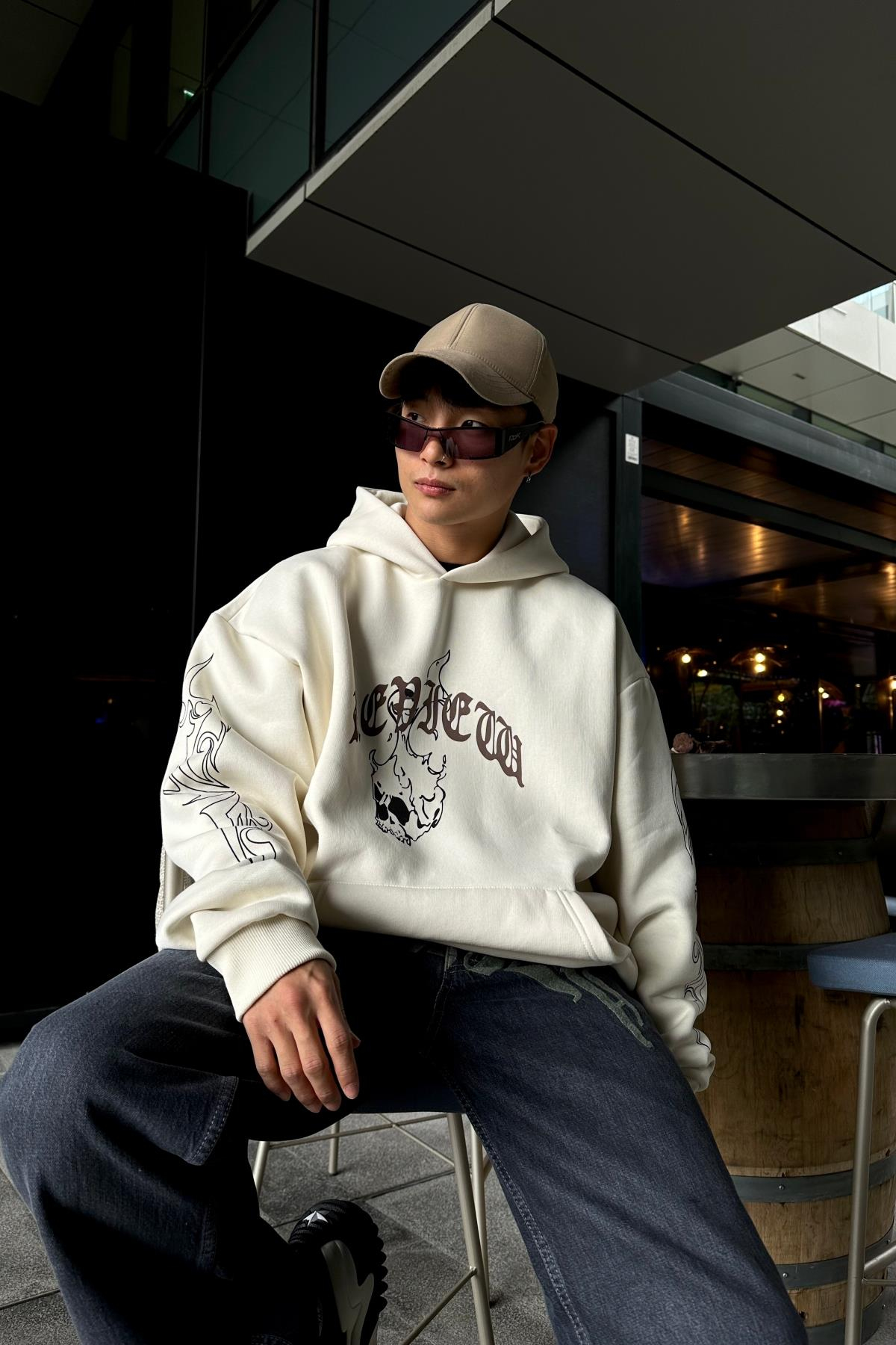 Rv Skull Baskılı Krem Oversize Sweatshirt SW1028