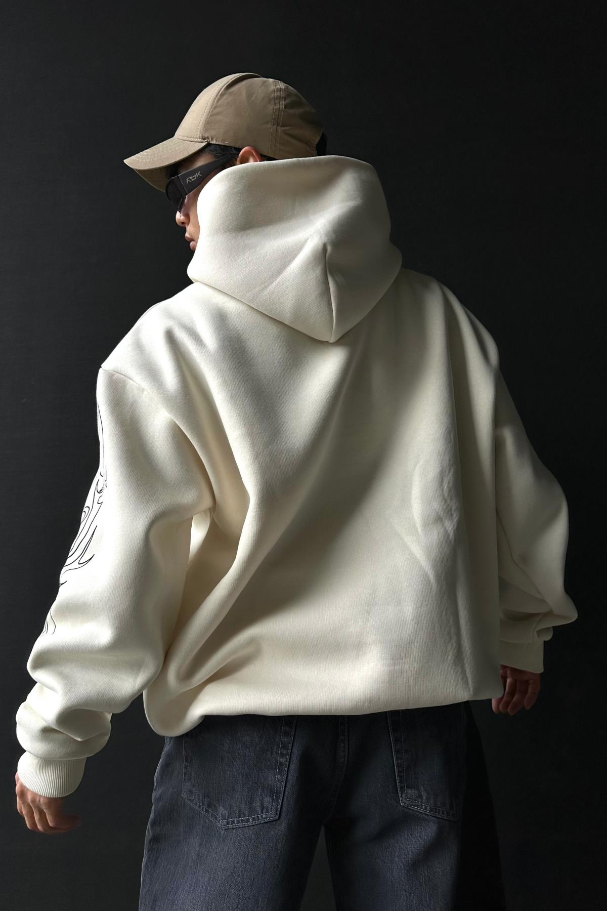 Rv Skull Baskılı Krem Oversize Sweatshirt SW1028