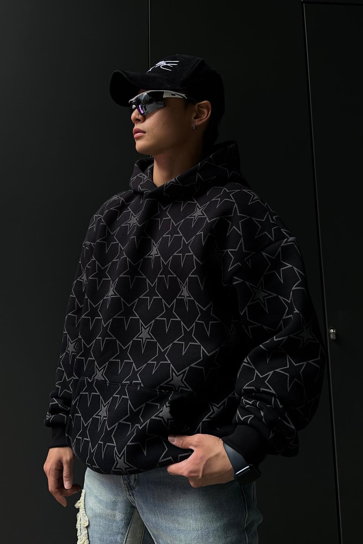 Rv Star Desen Siyah Oversize Sweatshirt SW1025