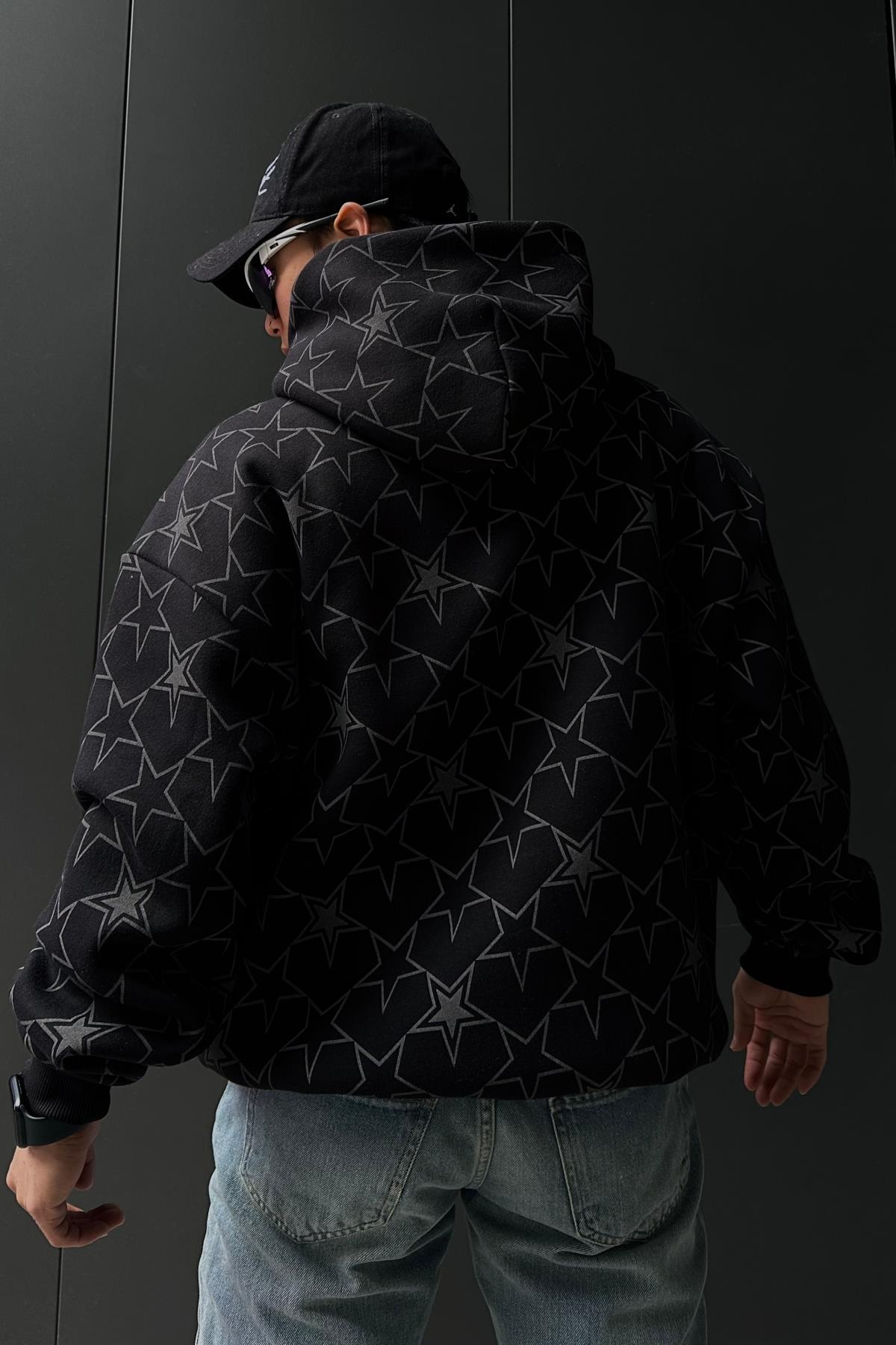 Rv Star Desen Siyah Oversize Sweatshirt SW1025