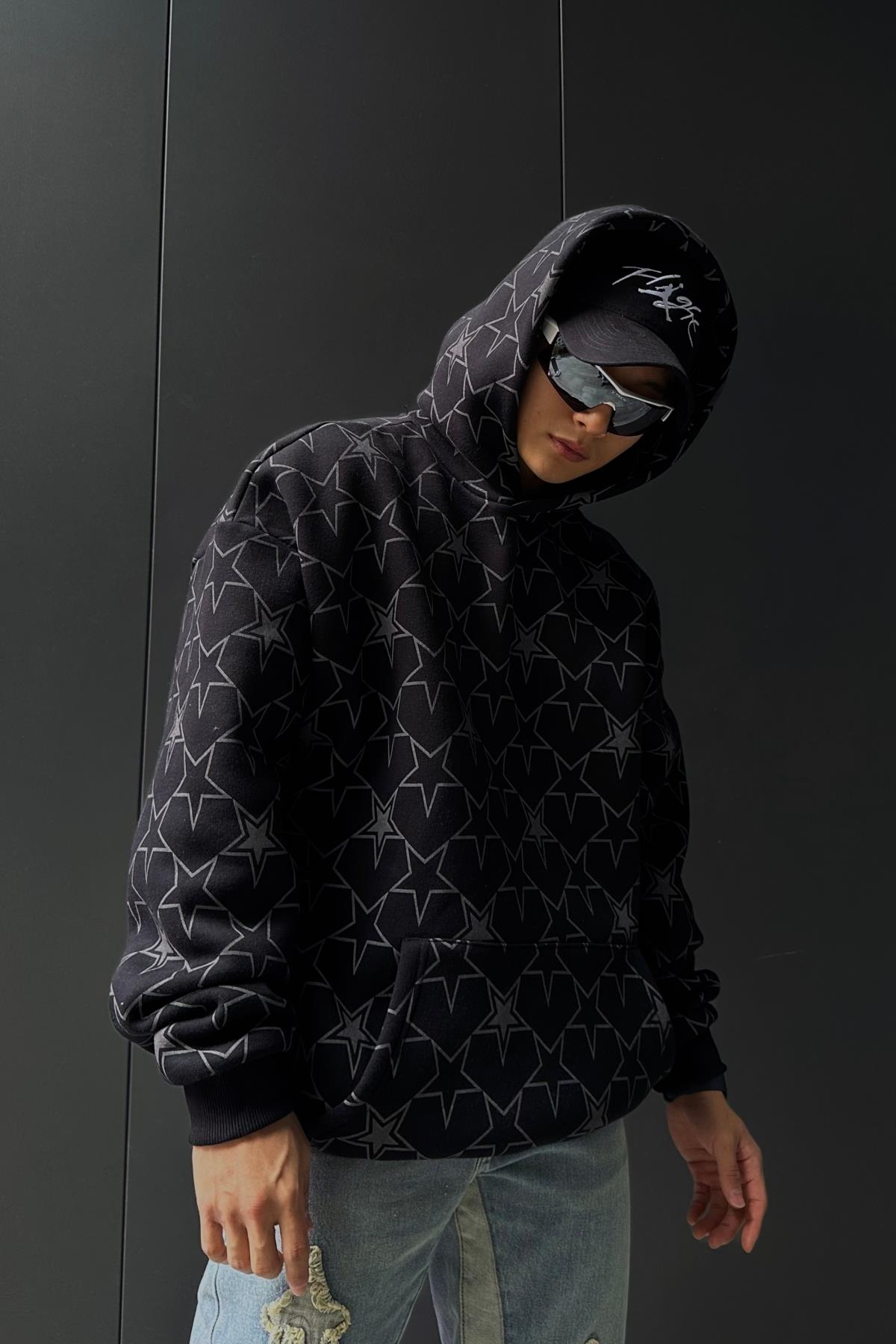 Rv Star Desen Siyah Oversize Sweatshirt SW1025